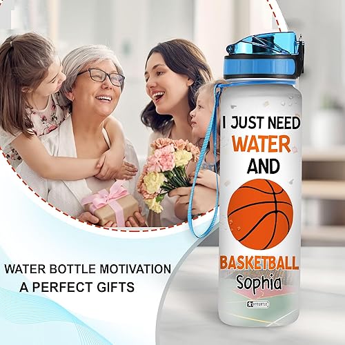 Miniatura 3 de Hyturtle Botella de agua motivacional personalizada con texto en inglés "I Just Need Water And Basketball", nombre personalizado con marcador de