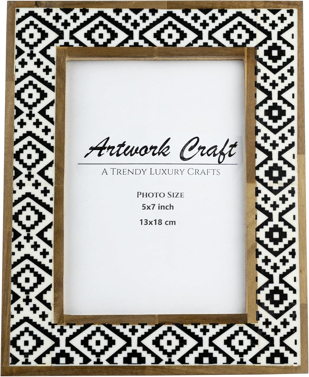Handmade White Bone Photo Frame Aztec Pattern Painting Vintage Boho Wooden Picture Frames For Table-Top/Wall Decor (5x7 Inches, Aztec Black)