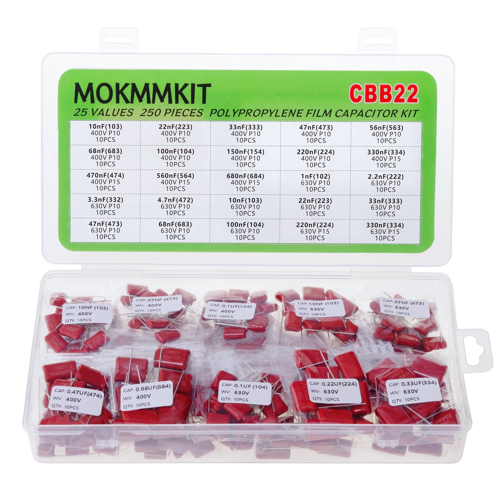 MOKMMKIT 25 Values 250 Pieces Metallized Polypropylene Capacitor Kit CBB22 400V (0.01uF ~ 0.68uF) and CBB22 630V (0.001uF ~ 0.33uF) Polyester Film