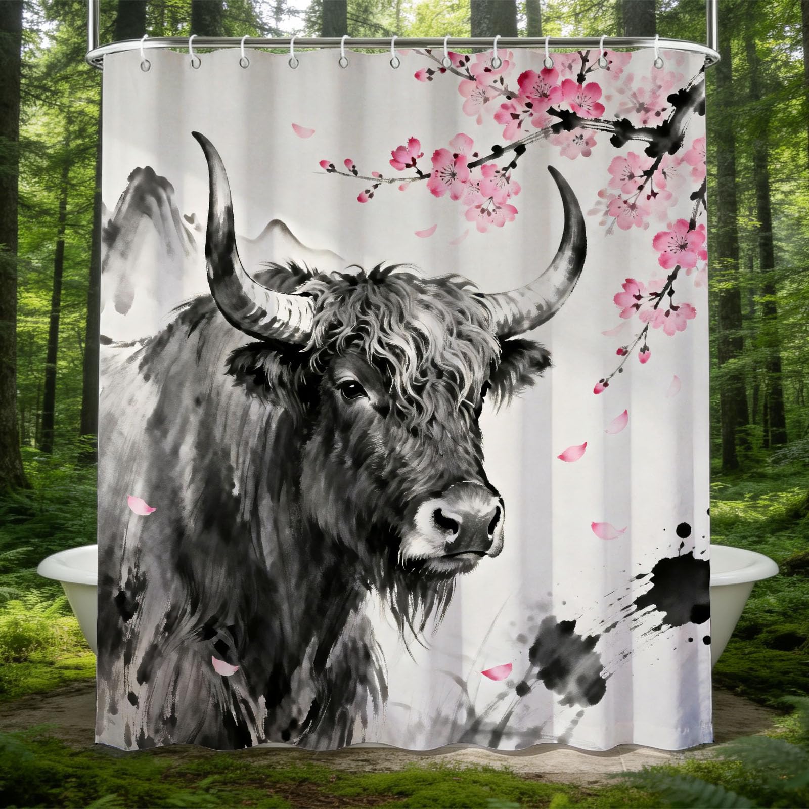 Hongduo 3D Cartoon Highland Cow Shower Curtain for Stalls Bathtubs Ink Painting Bathroom Decor Shower Curtain Set Polyester Fabric Waterproof 180x180cm/71X71 Inch with Hooks