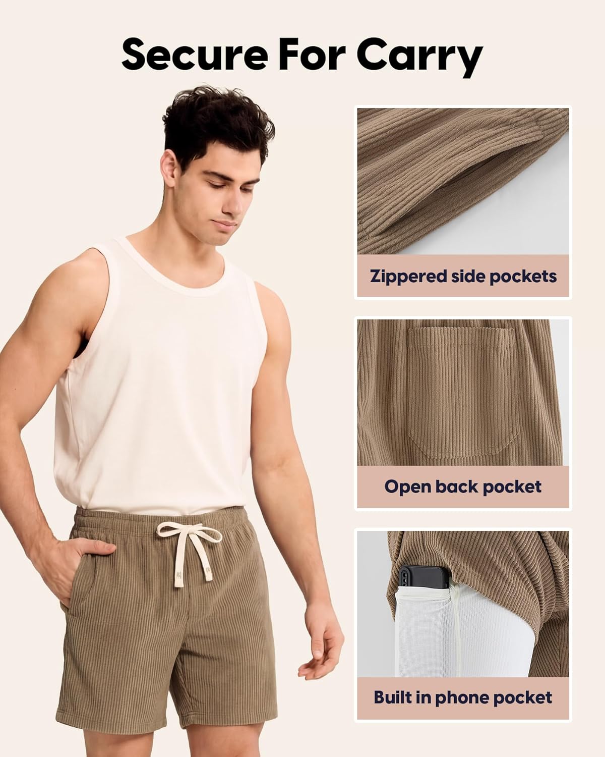 maamgic Mens Corduroy Shorts 7 Inch with Built-in Liner, Elastic Waist Drawstring Casual Summer Beach Shorts with Pockets