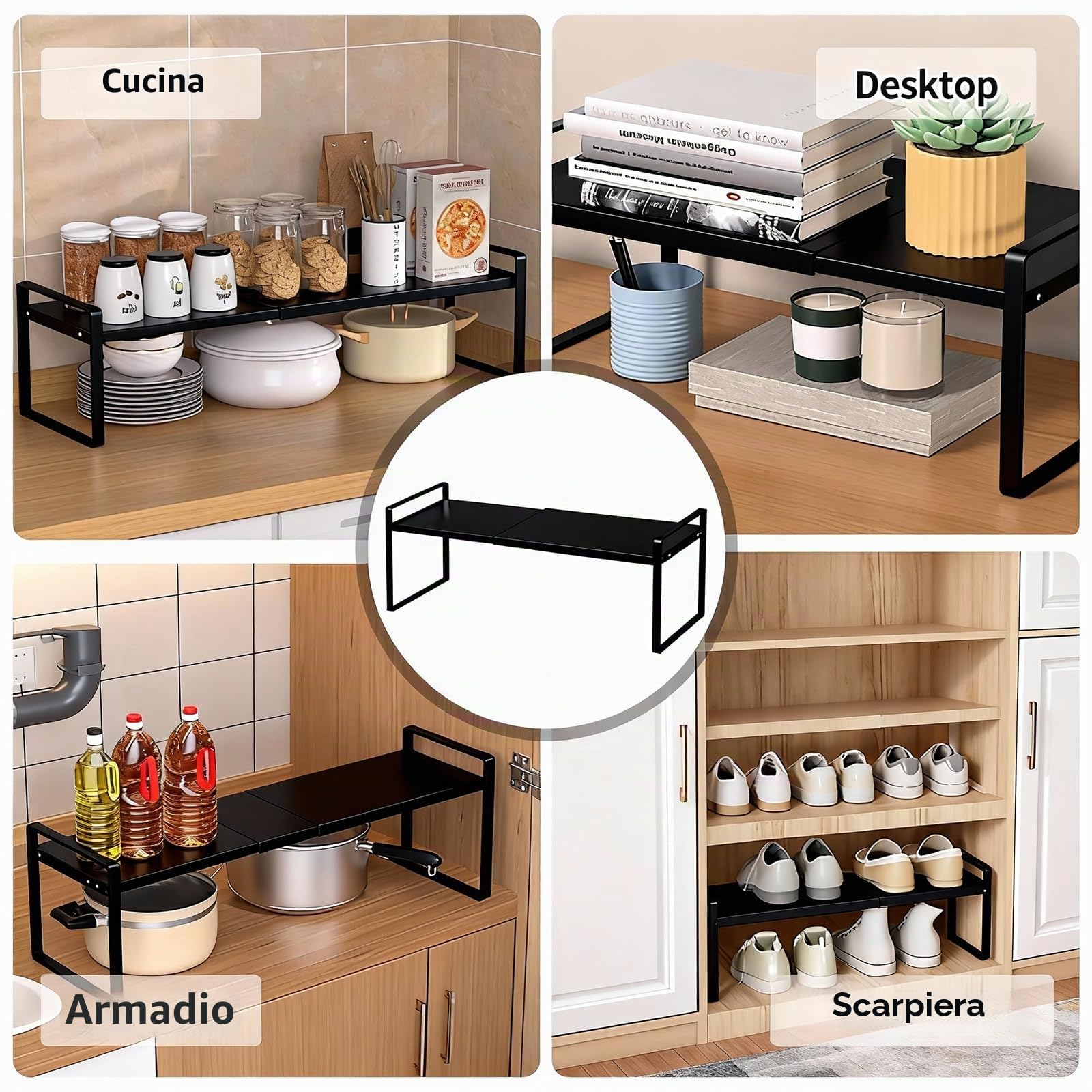 PORFOYO Mensola espandibile per armadio da cucina, organizer da 35 – 65 cm, regolabile, per scaffali, portaspezie, impilabile, per la casa, la cucina, (lunghezza x larghezza x altezza): 35 – 65 cm