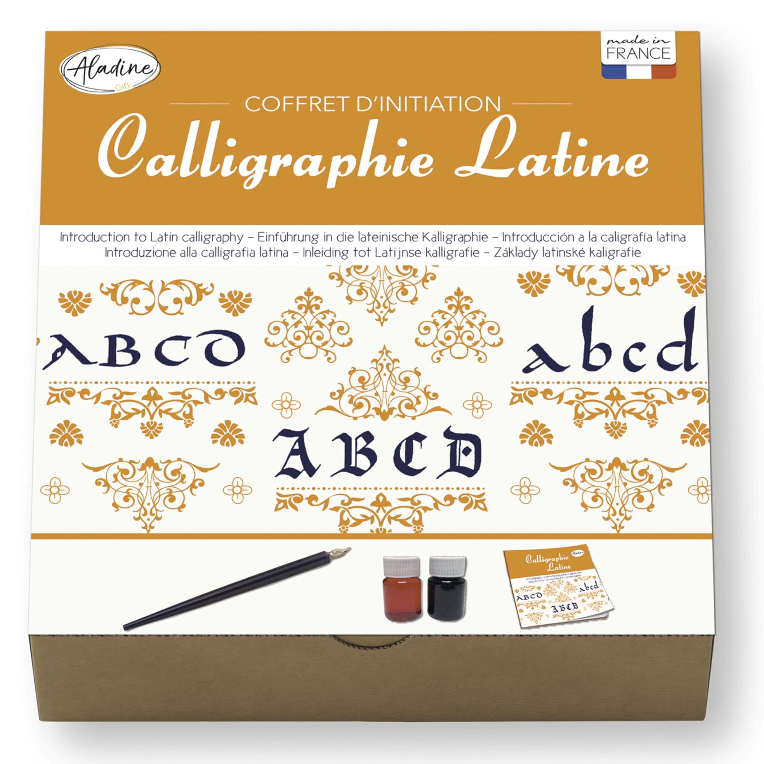 Aladine - Kit d’Initiation à la Calligraphie Latine - Plume, 2 Encres & Cahier d’Écriture - Apprentissage Écriture Ancienne Médiévale - Adulte & Enfant - Loisirs Créatifs - 85518