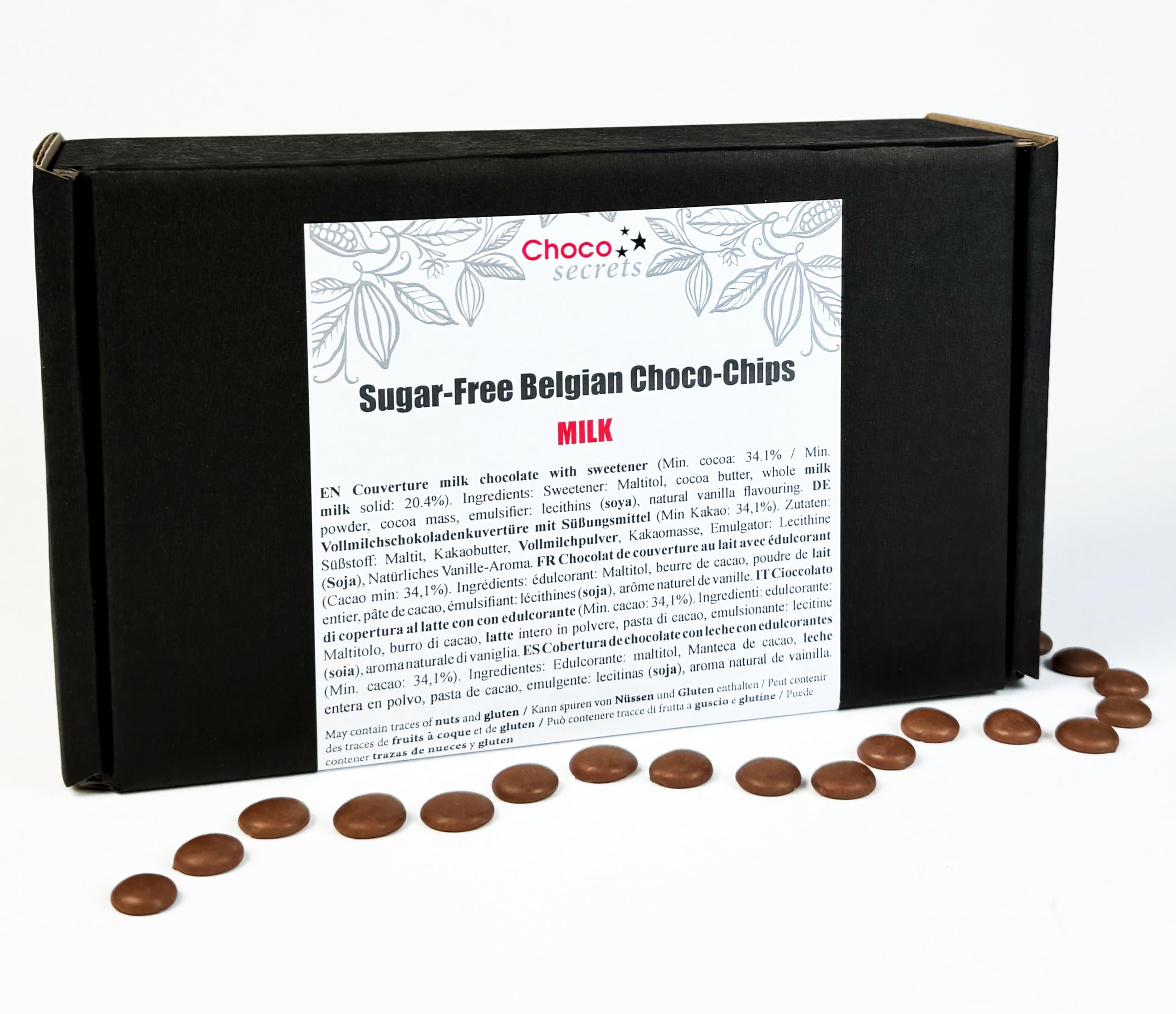 CHOCO SECRETS Vollmilch Schokodrops ohne Zuckerzusatz 600g - Milk Chocolate Chips, gesüßt mit Maltit - Vollmilch-Schokoladen-Drops zum Backen, Naschen und für Desserts