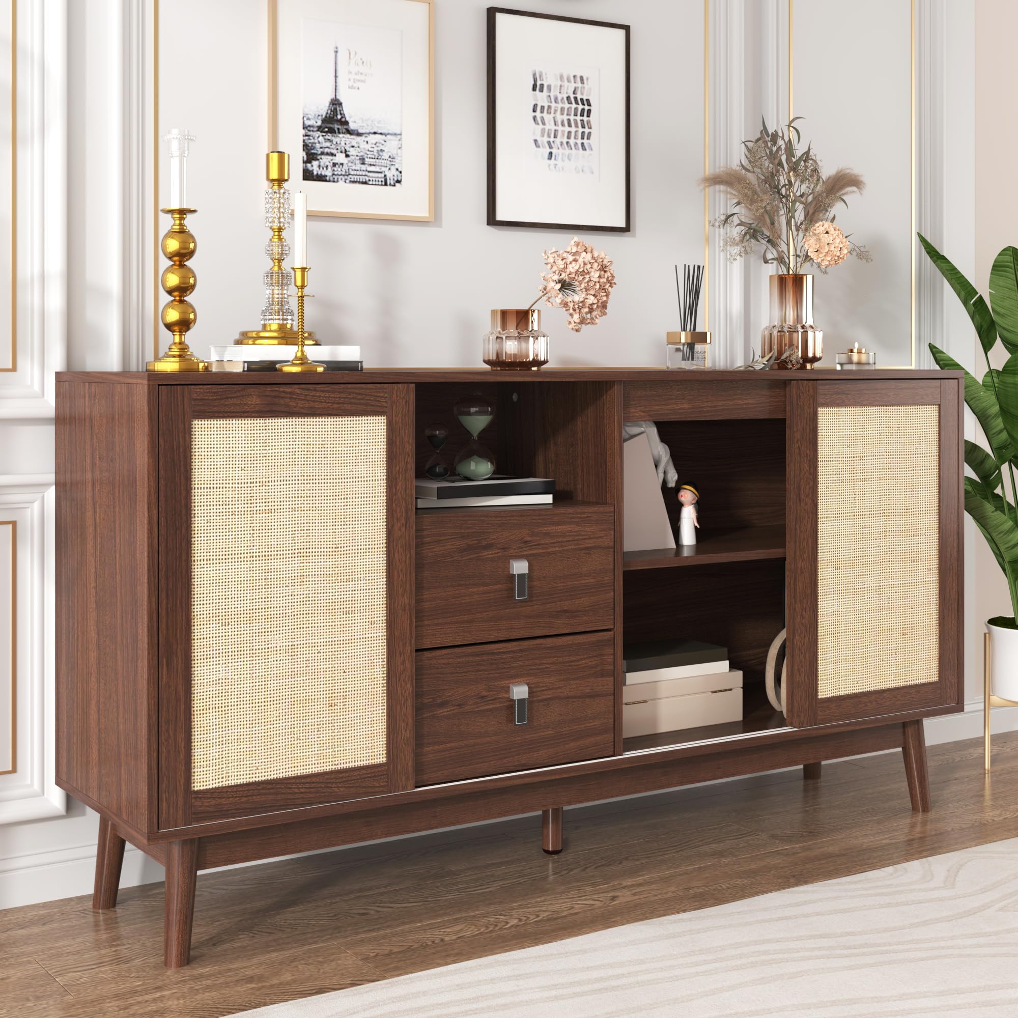Sideboard 155x38x80 Cm Mit Rattan Schiebetüren 2 Schubladen Holzfüße Atmungsaktiv Stauraum Buffetschrank Anrichte Wohnzimmer Schrank Regal Mit Türen Für Flur Esszimmer