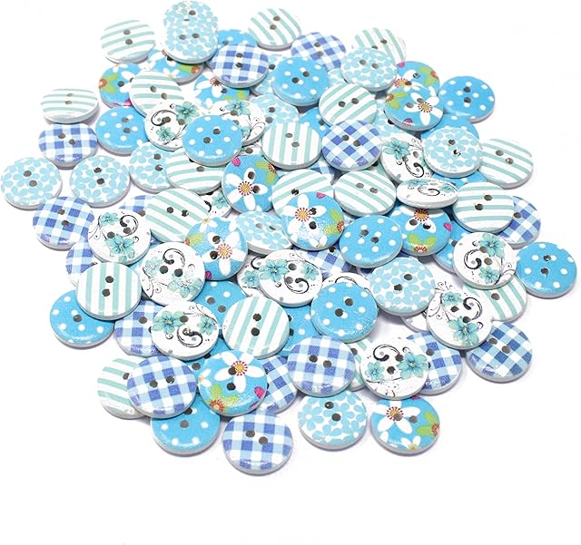 Blue 100 Mix Wooden 15mm Round Shabby Chic Buttons Craft Cardmaking Embellishments