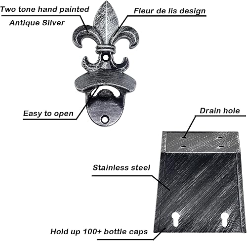 Miniatura 2 de Fleur De Lis - Abridor de tapas de cerveza montado en la pared, abridor superior de botellas de soda con captador de tapa, drenaje plateado antiguo