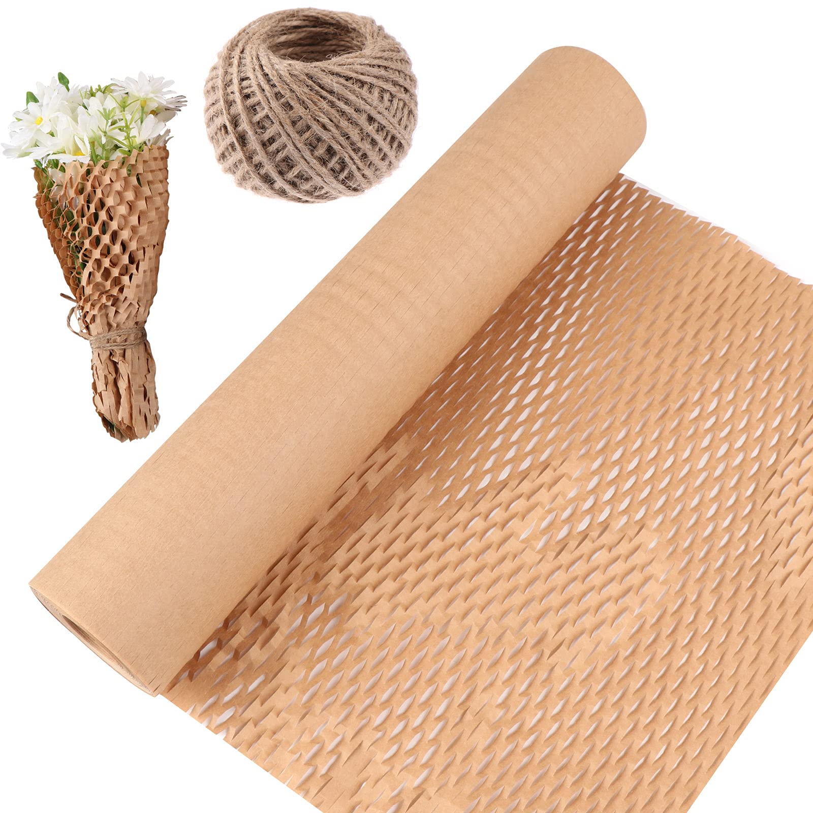 Vanproo Honeycomb Wrap Paper, 12 Inch x 65.6 Feet Honeycomb Wrap Roll with 1Roll 96 Feet Hemp Rope Packing Honeycomb Protective Packaging Paper for Packing & Moving Void Fill Paper (A)