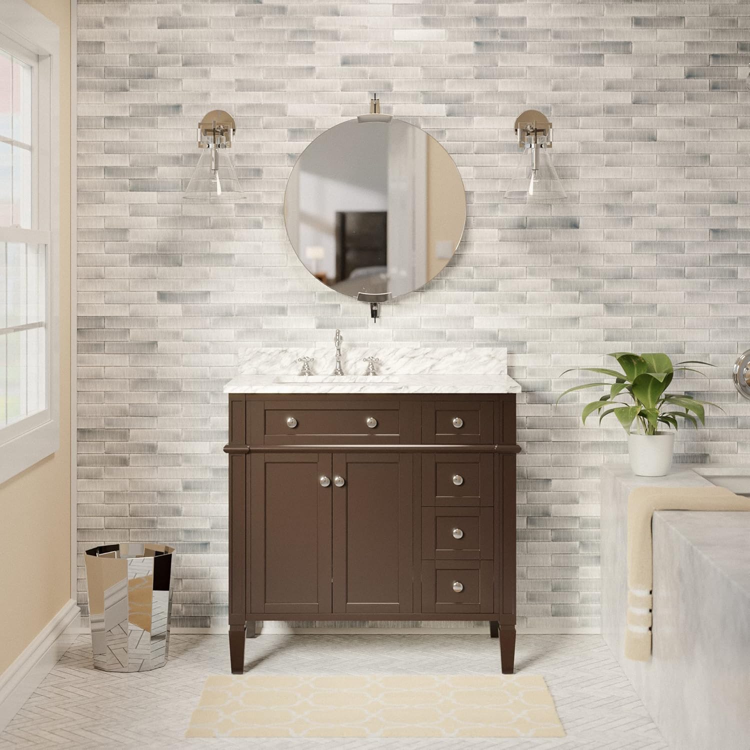 Kitchen Bath Collection Hailey 36-inch Bathroom Vanity (Carrara/Chocolate): Includes Chocolate Cabinet with Authentic Italian Carrara Marble Countertop and White Ceramic Sink