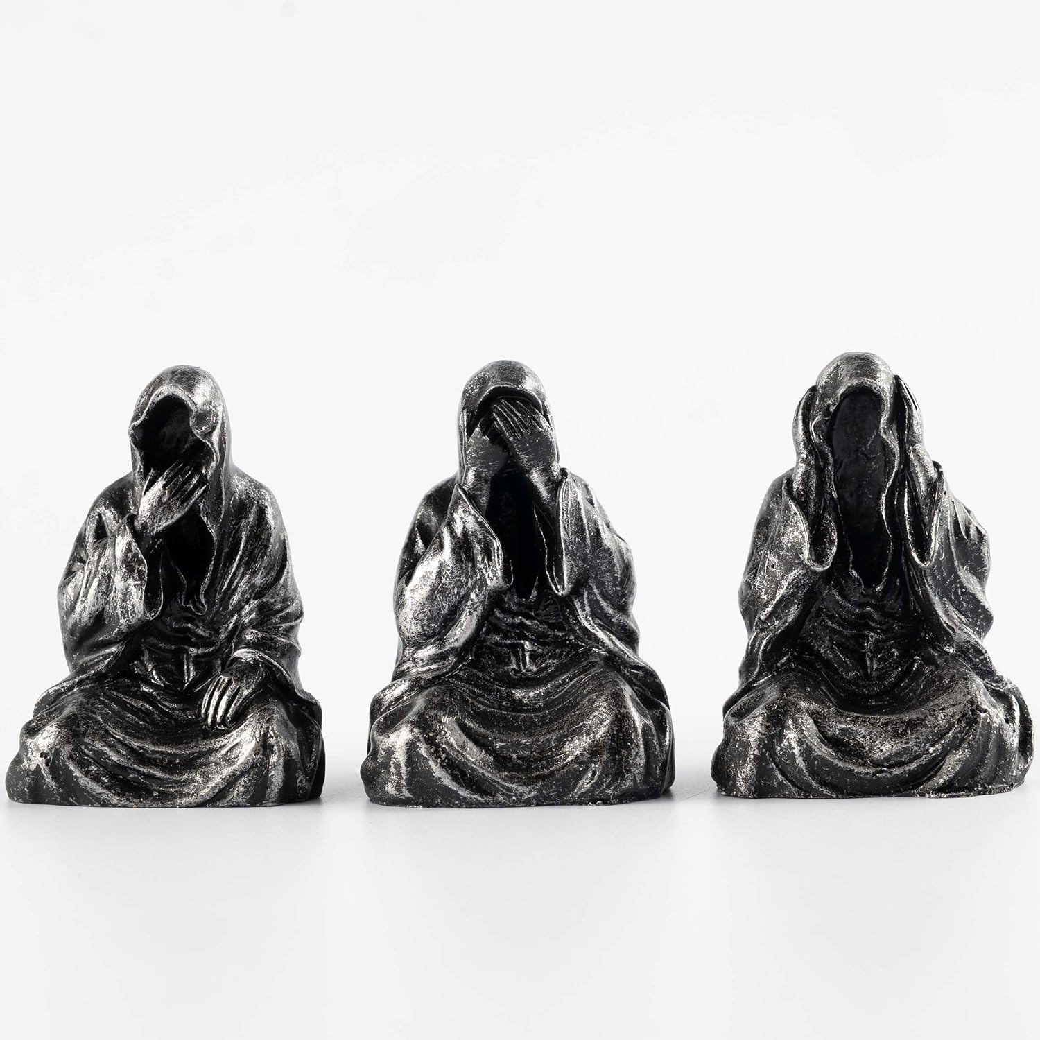 Oinas Gothic Home Decor 3pcs Mini Suriel Figurines Halloween Decor, Fantasy Black Robe Resin Statue,Sitting Ghost Grim Reaper for Bookshelf Desk Table Decor (Silver-Black)