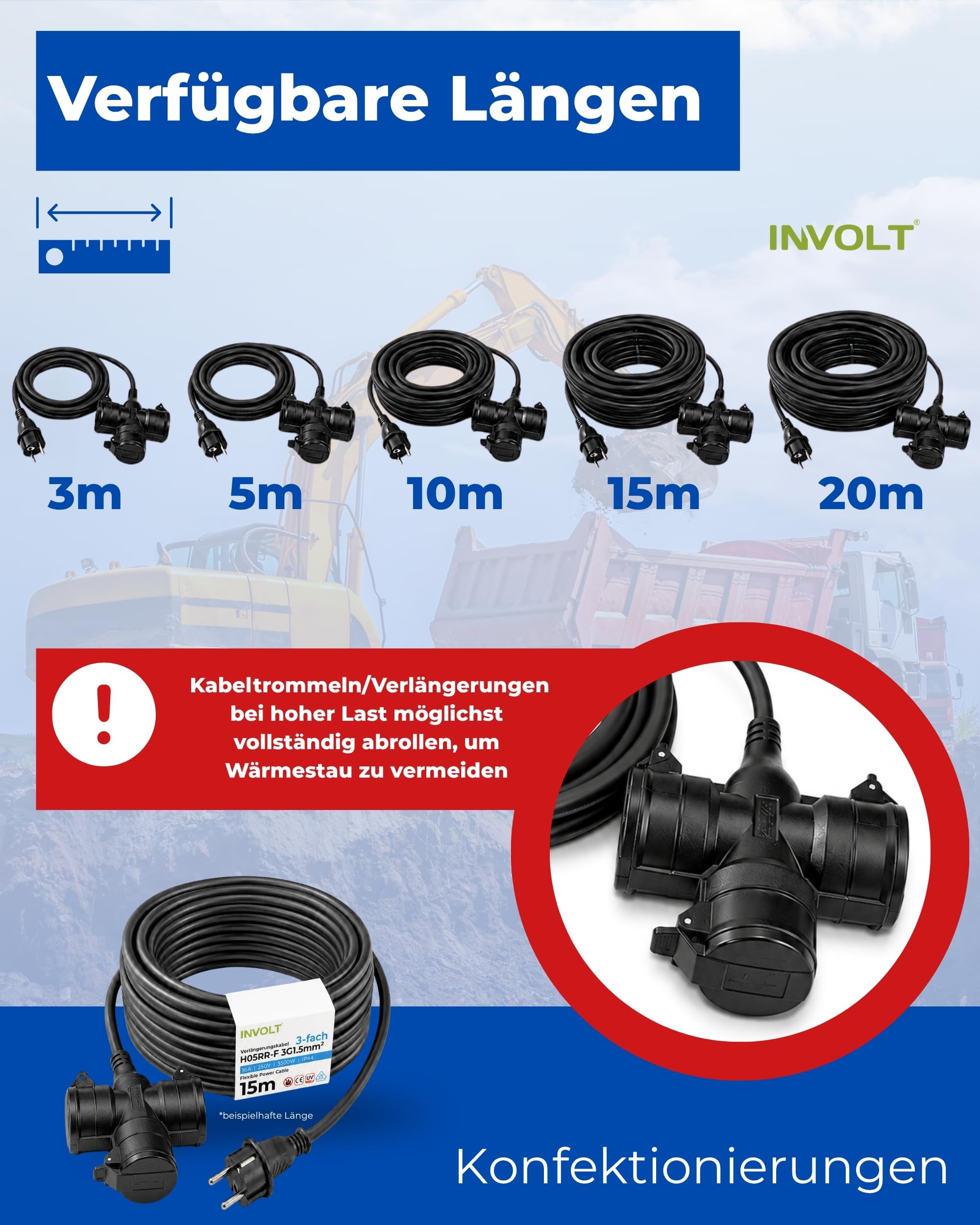 INVOLT 20 m przedłużacz z 3 gniazdami Schuko, do użytku na zewnątrz, IP44 H05RR-F 3G, 1,5 mm², czarny, gumowy przewód do ogrodu, na plac budowy, do warsztatu