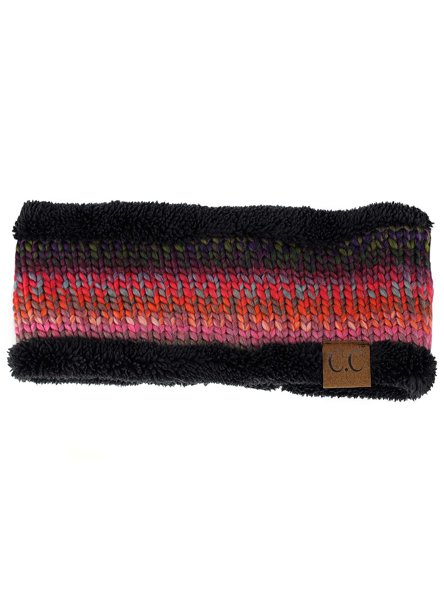 C.C Women's Multicolored Stretchy Knit Black Sherpa Lined Ear Warmer Headband-Burgundy Mix