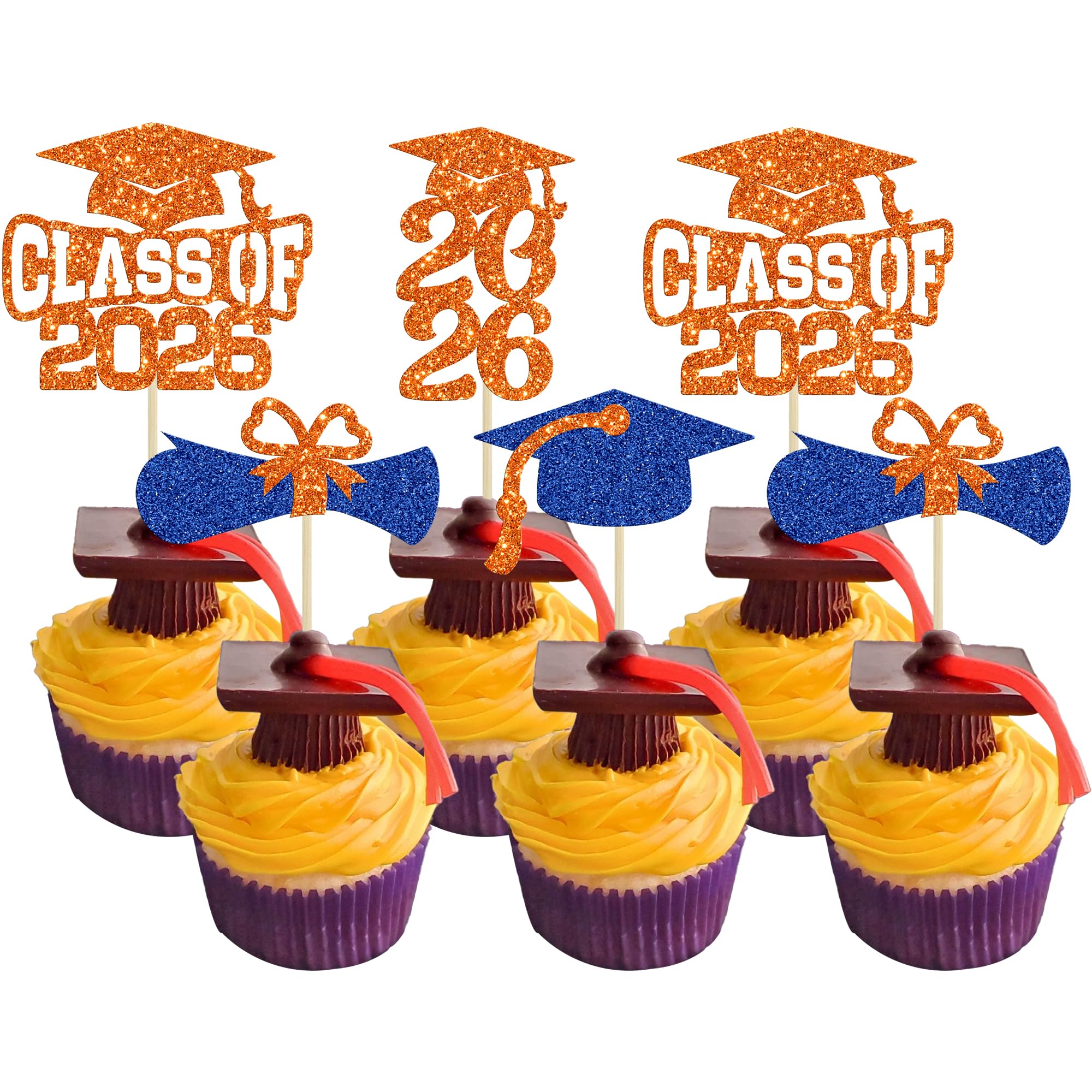 Ephlyn 36Pcs 2026 Graduation Theme Cupcake Toppers Glitter Class of 2026 Cupcake Picks Diploma Grad Cap Cake Decorations for 2026 Graduation Theme Party Supplies Orange Blue