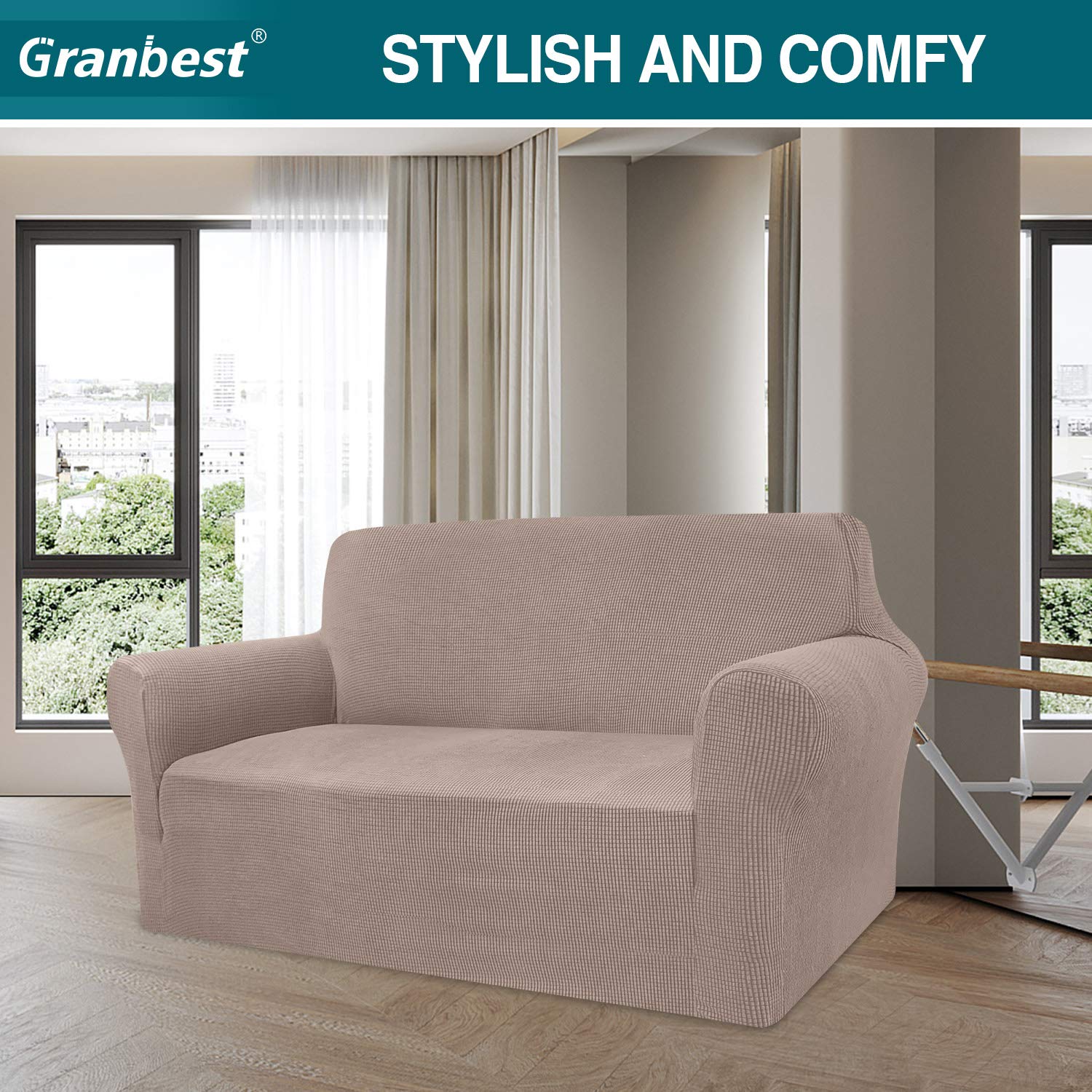 Granbest, copridivano Elasticizzato ad Alta Elasticità, Moderno e Jacquard, copridivano Elastico per Soggiorno, Protezione per Cani e Animali Domestici (2 posti, Sand)