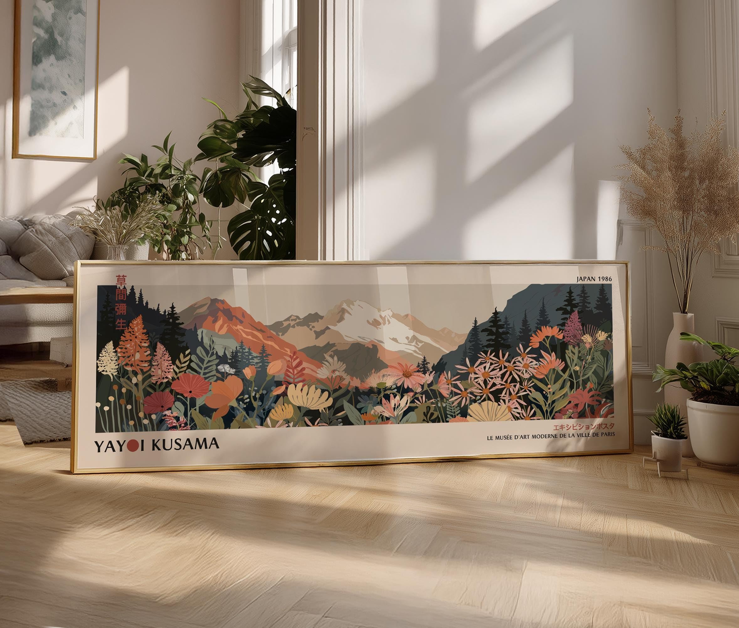 YUSUZHU Affiche de Yayoi Kusama sur les montagnes des Fidji : paysage zen japonais de style Japandi, grande toile murale (45 x 135 cm/cadre intérieur)