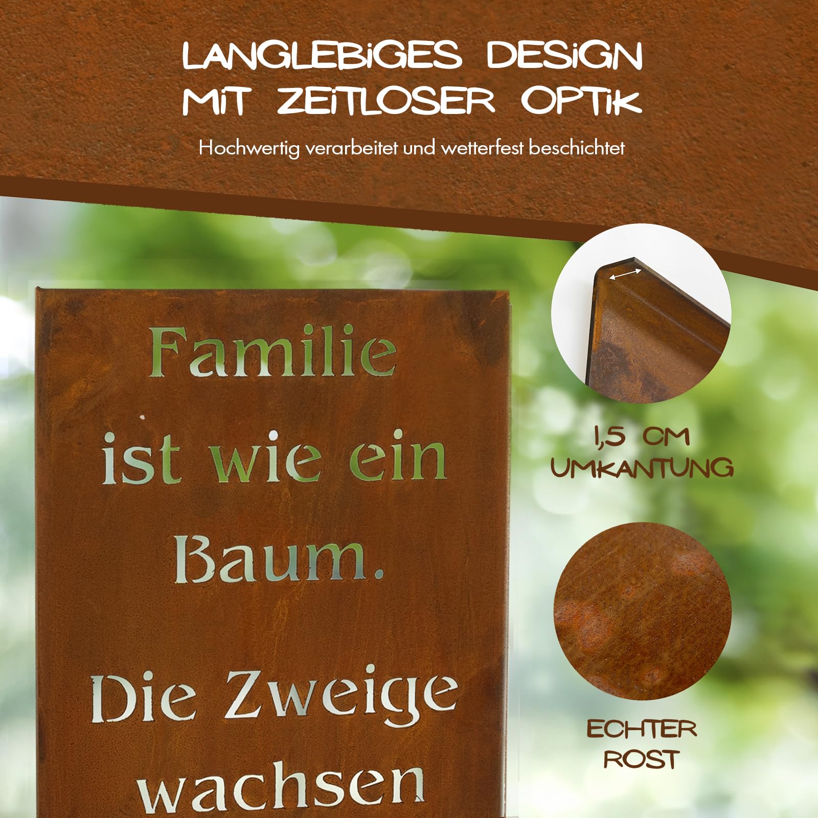 Rostikal Gartenschild Familie 55 cm Edelrost Gartendeko Geschenk wetterfest | Familienspruch mit Lebensbaum aus Cortenstahl - rostige Rostdeko, Landhaus-Stil, Spruchtafel für drinnen und draußen