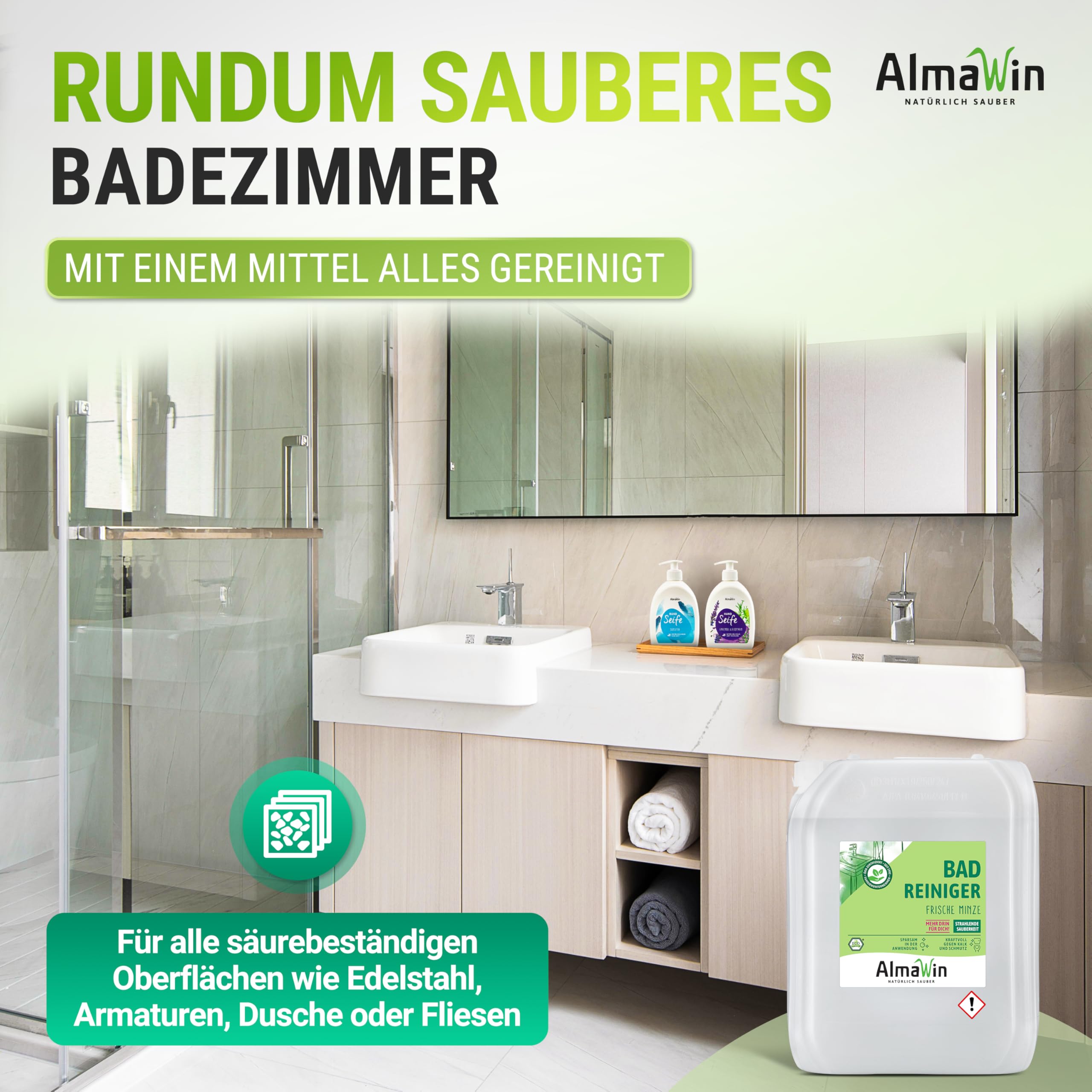 AlmaWin® Bad Reiniger [20L] für strahlende Sauberkeit - Badreiniger Spray mit Pfefferminz-Duft - Badezimmer Reiniger - Effektiv gegen Kalk & Schmutz - Badreiniger Extra Stark, Bio & Vegan