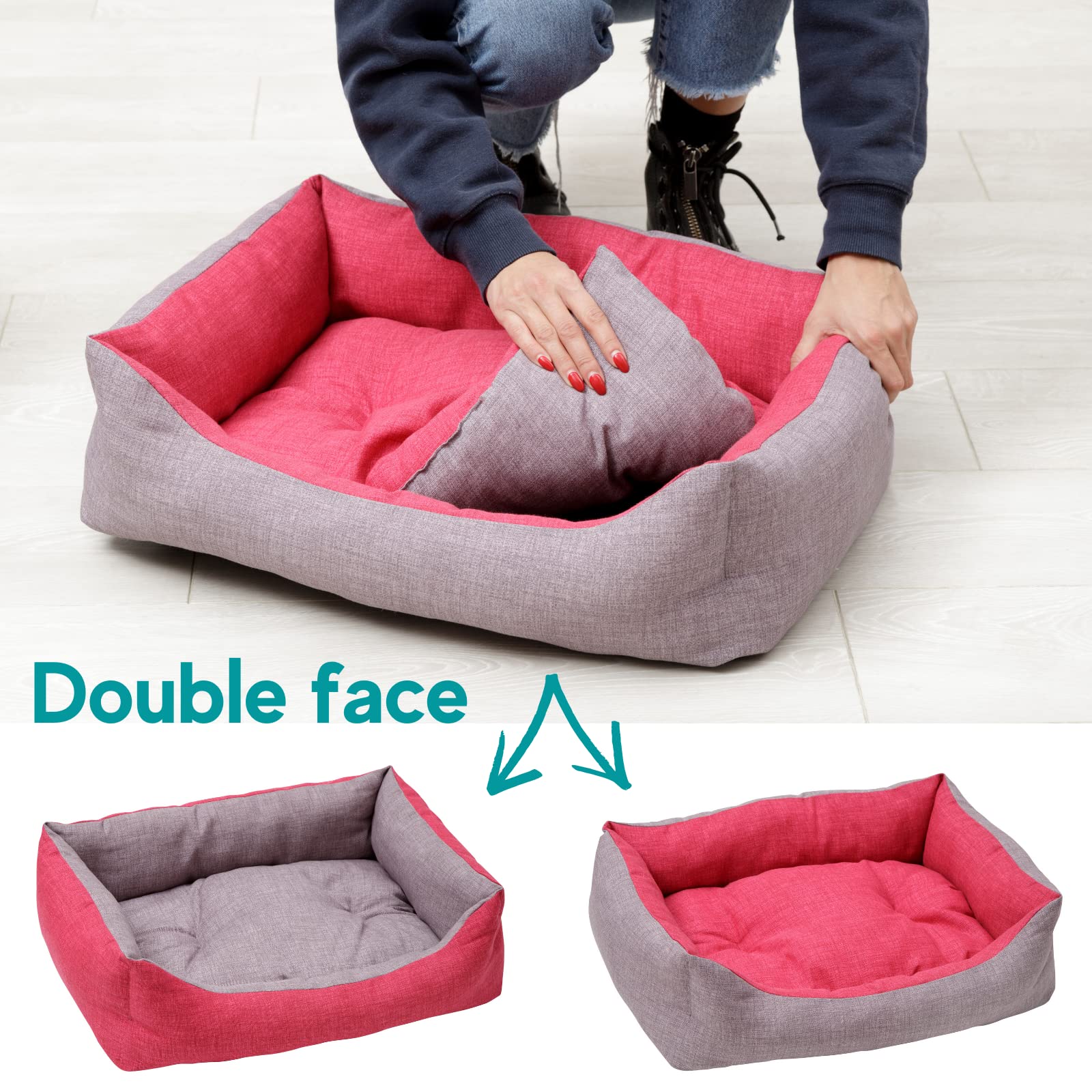 Baroni Home Cuccia per Cane in tessuto Grigio e Bordeaux Taglia S 45x60 cm, Morbido Divano Rettangolare, Comodo, per Camera da Letto Salotto Corridoio, Lavabile