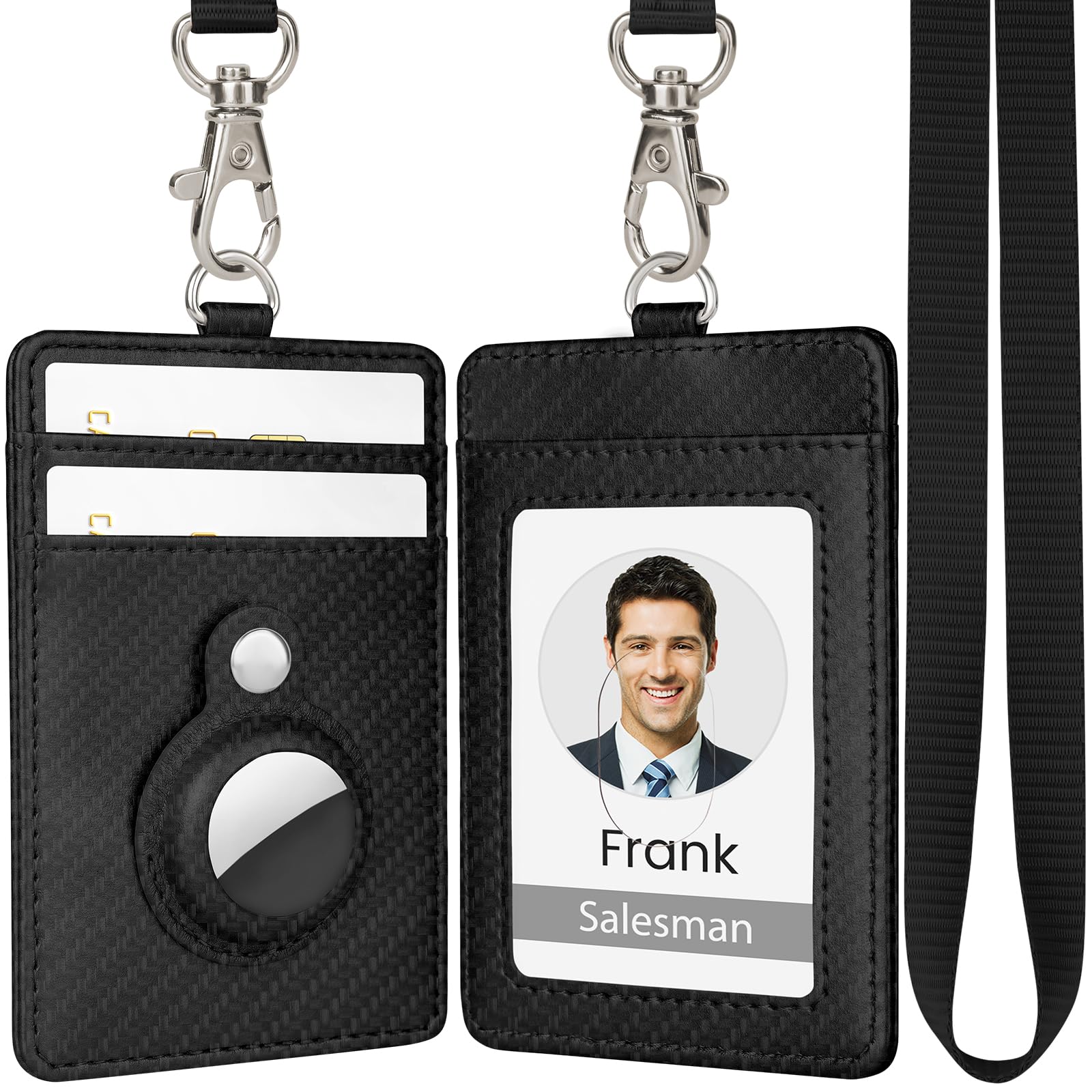 TALONITE Badge Holder for AirTag, PU Leather ID Badge Holder with 1 Clear ID Window & 2 Credit Card Slot & 1 Detachable Neck Lanyard