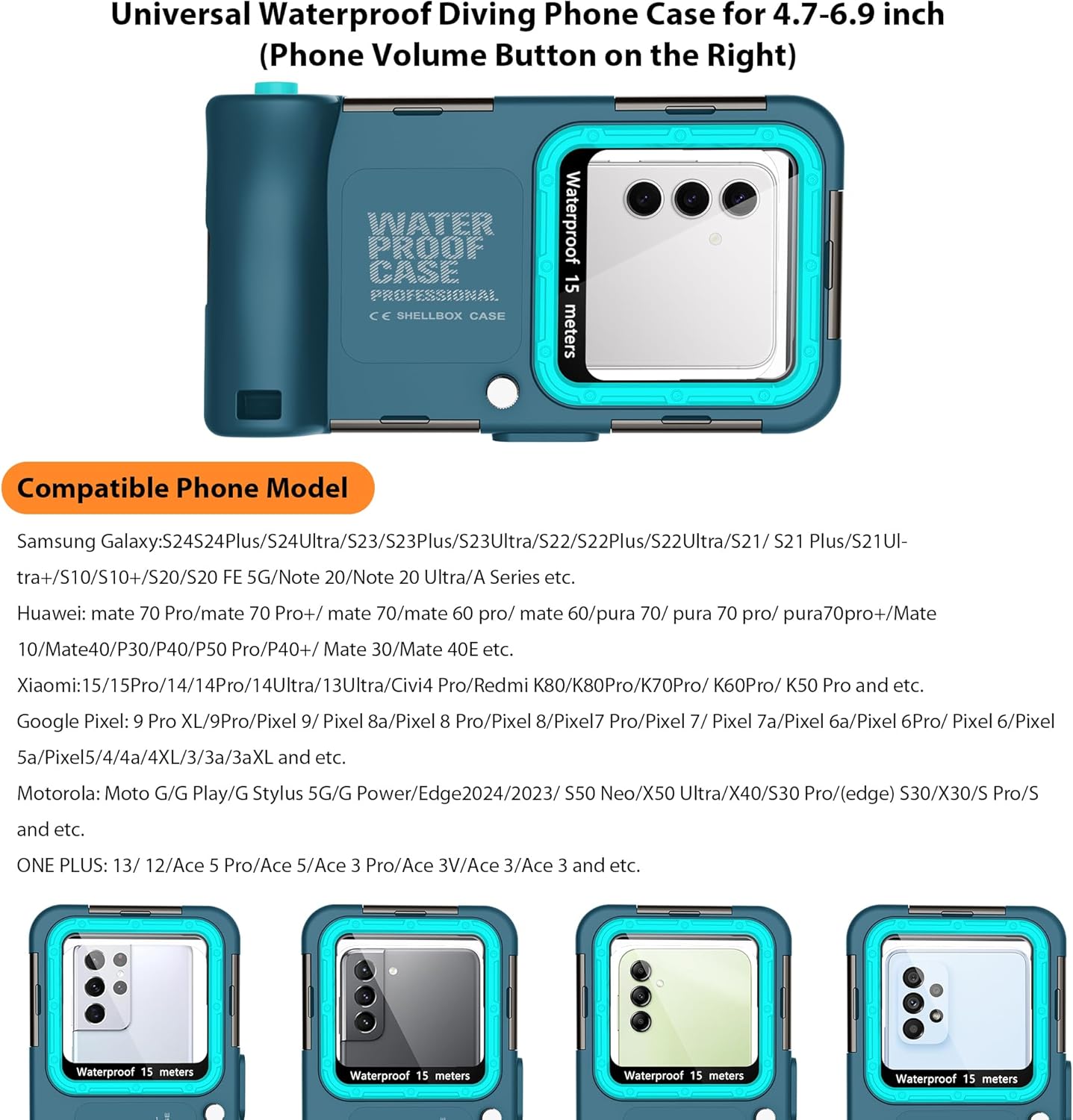 Universal Scuba Diving[50FT/15M] Underwater Snorkeling Waterproof Phone Case for Samsung Galaxy S25/24/S23/S22 Ultra/Plus Google Pixel Motorola Huawei/LG Series[Right Volume Button],Teal
