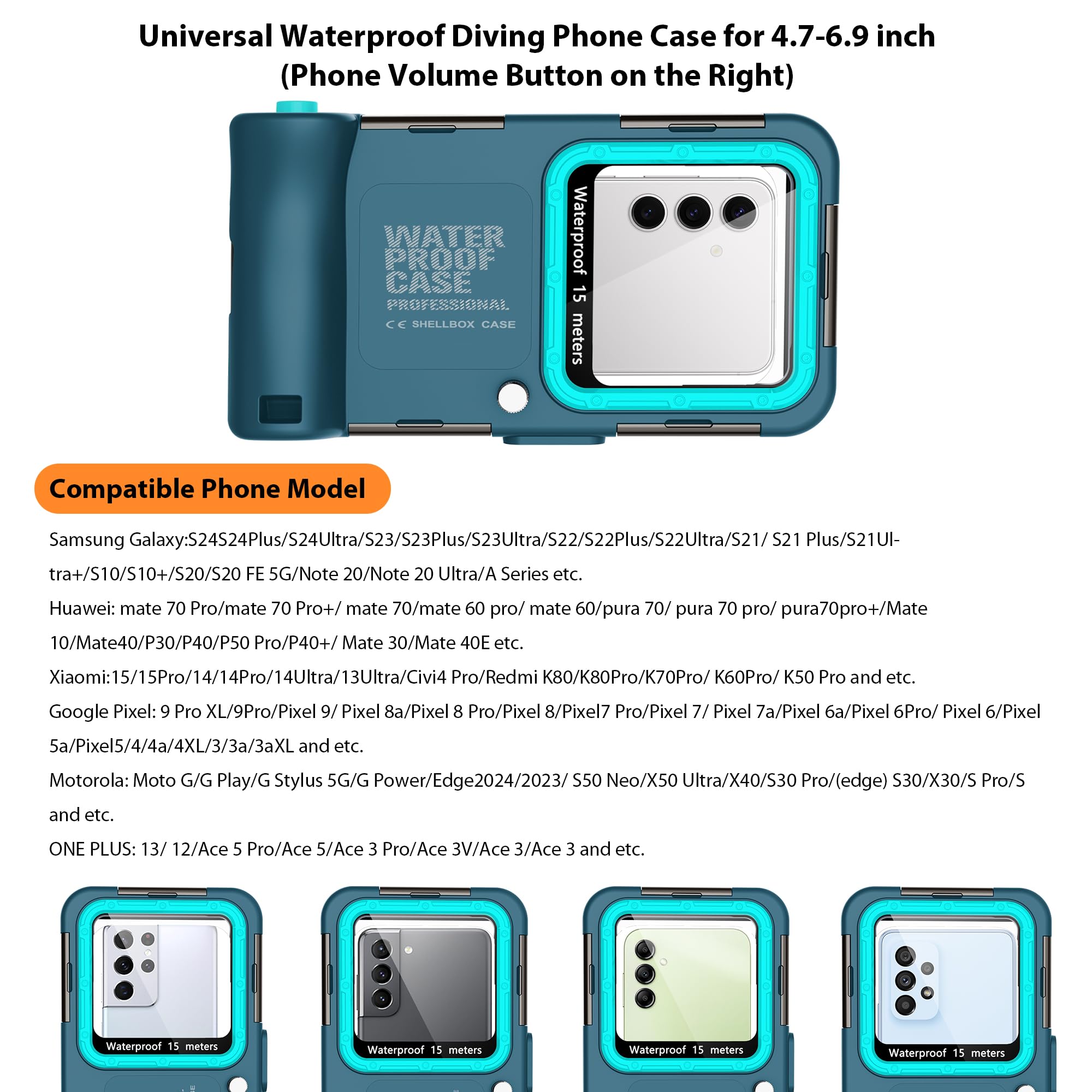 Universelles Tauchen, 15 m, Unterwasser-Schnorcheln, wasserdichte Handyhülle für Samsung Galaxy S26/25/S24/S23 Ultra/Plus, Google Pixel, Motorola, Huawei/LG-Serie, Lautstärke-Taste, Blaugrün