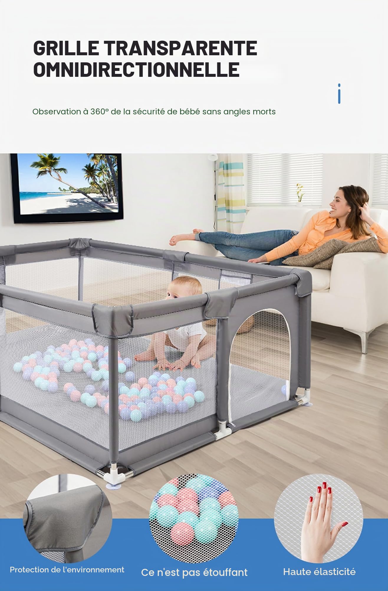 Parc Bebe, Enfants Intérieur, Grand Parc Bebe Modulable, Centre d'activités pour Nourrissons Aire de Jeux avec Éponge Anti-collision (1.8 * 2.0M)
