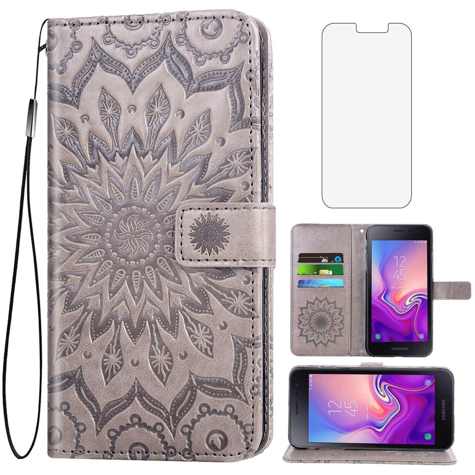 Phone Case for Samsung Galaxy J2 Pure J2 Core J 2 Dash 2J Shine Wallet Cases with Tempered Glass Screen Protector Flip Cover Card Holder Stand TPU Cell J2Core J2Dash J2Pure J2Shine -J260A J260A Gray