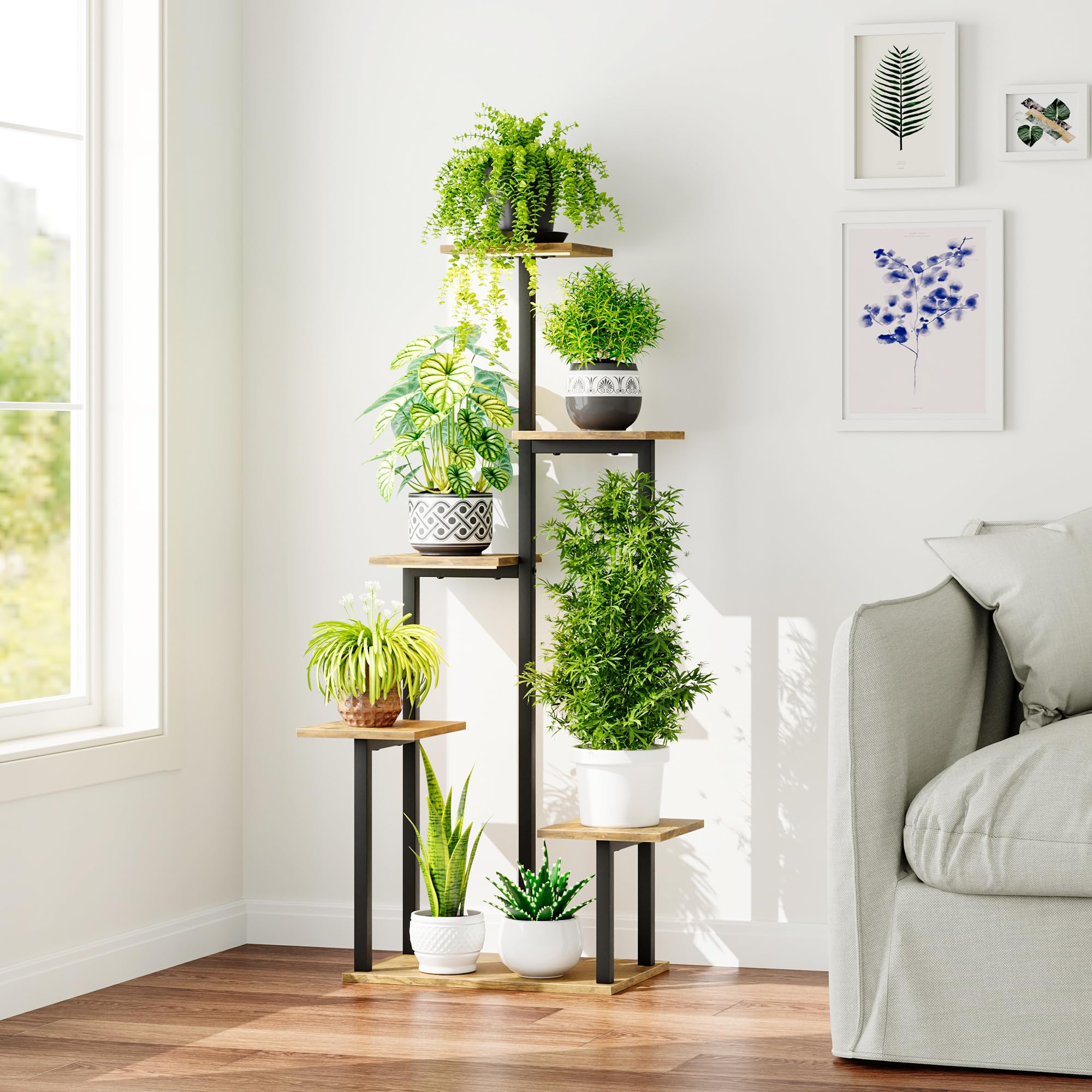 GoTiling Blumenständer Pflanzenständer Blumentreppe mit Wachstumslicht - Indoor Pflanzenregal für Ecken, Modernes Regal für Zimmerpflanzen, 6 Etagen, Ideal für Wohnzimmer, Balkon und Büro