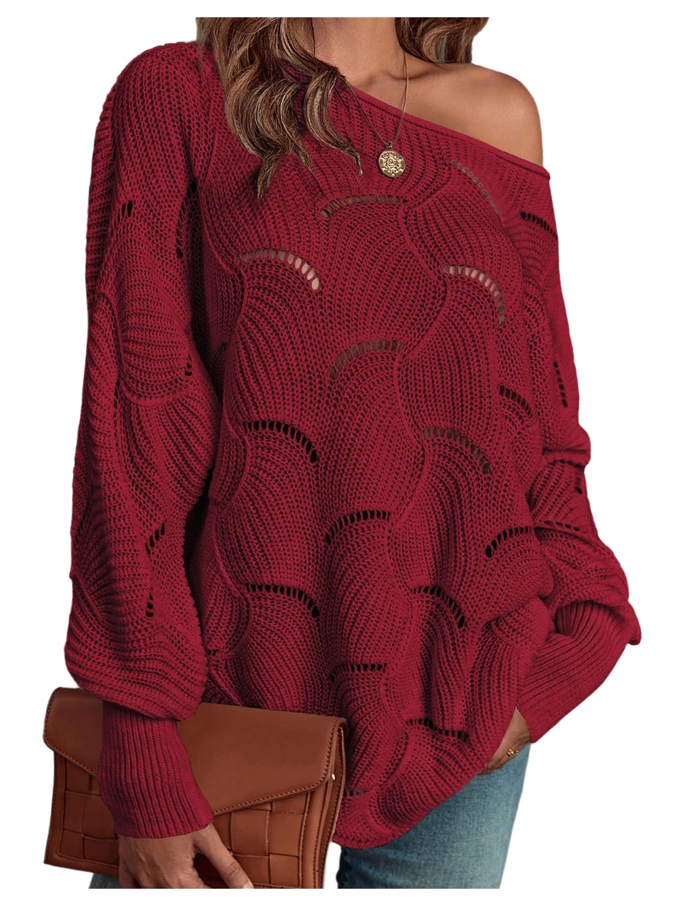 Womens Hollow Out Oversized Sweater Long Sleeve Boat Neck Pointelle Knit Pullover Top Cute Fall Sweater