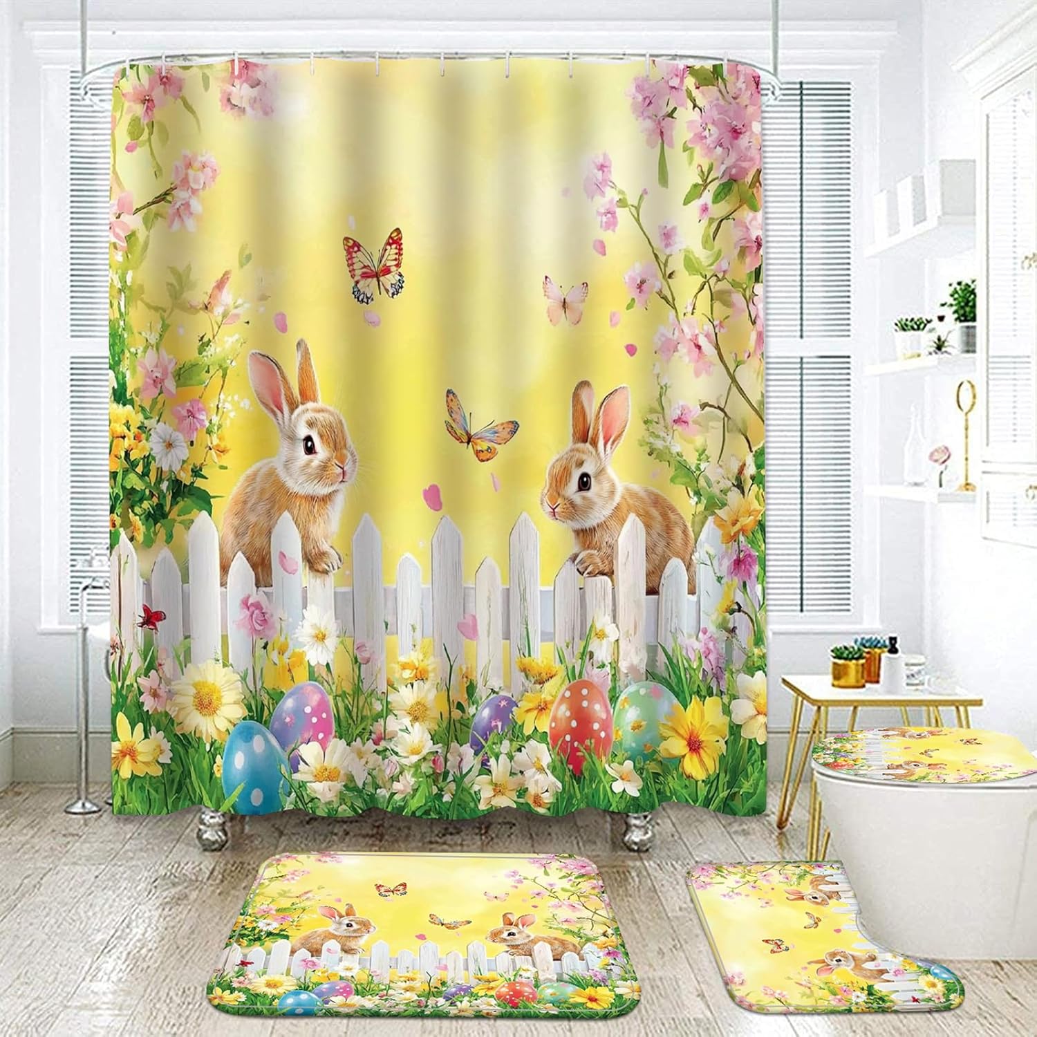 NEWSUYAA 4Pcs Easter Shower Curtain Bathroom Decorations Sets,Rustic Rabbit Eggs for Spring Bath Decor.Cartoon Funny Bunny Waterproof Toilet Cover with Rugs Mats and Hooks (N6)