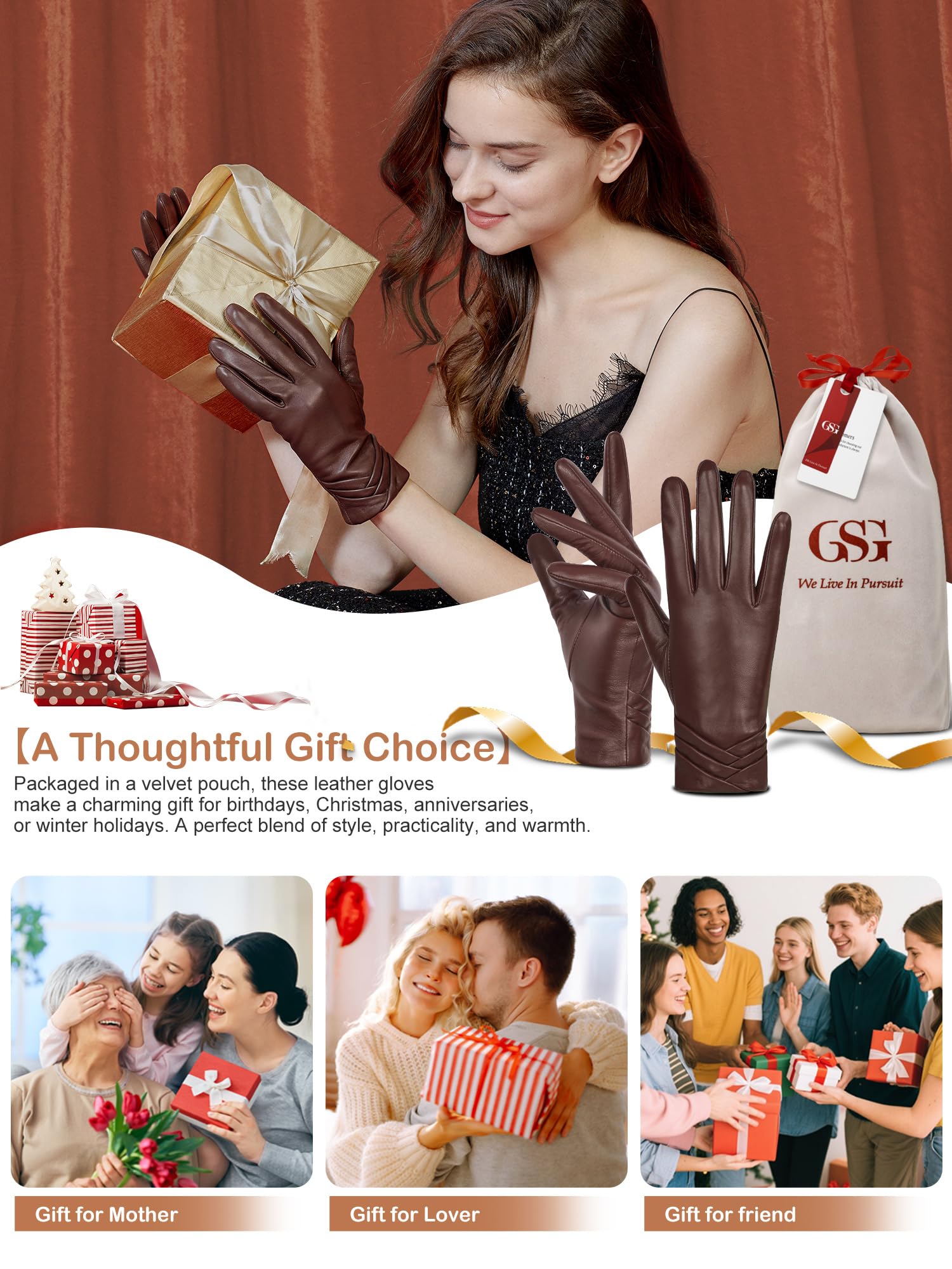 GSG SINCE 1998 Lederhandschuhe Damen aus chromfreiem Lammfell, Gefüttert mit Wolle/Kunstfell, Thermo Handschuhe mit Touchscreen W13150
