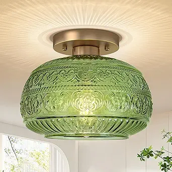 Semi Flush Mount Ceiling Light, Upgraded Modern Close to Ceiling Light Fixture with Green Glass,Gold Indoor Kitchen Lighting for Porch Corridor Hallway Bedroom, Bulb Not Included