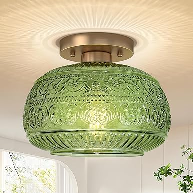 Semi Flush Mount Ceiling Light, Upgraded Modern Close to Ceiling Light Fixture with Green Glass,Gold Indoor Kitchen Lighting for Porch Corridor Hallway Bedroom, Bulb Not Included