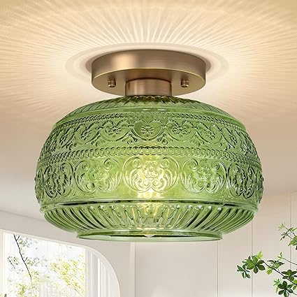 Semi Flush Mount Ceiling Light, Upgraded Modern Close to Ceiling Light Fixture with Green Glass,Gold Indoor Kitchen Lighting for Porch Corridor Hallway Bedroom, Bulb Not Included