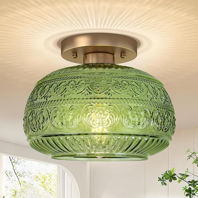 Semi Flush Mount Ceiling Light, Upgraded Modern Close to Ceiling Light Fixture with Green Glass,Gold Indoor Kitchen Lighting for Porch Corridor Hallway Bedroom, Bulb Not Included