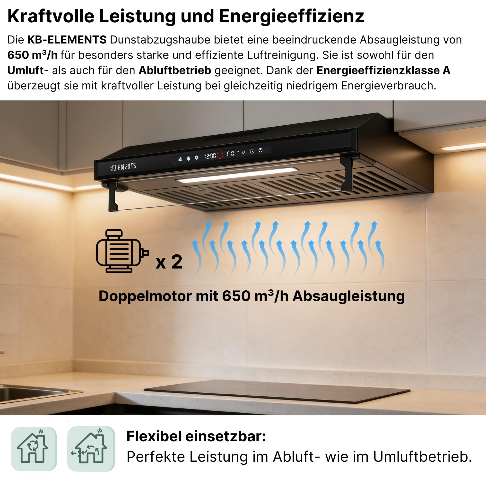 Dunstabzugshaube 60cm Unterbau Umluft/Abluft 650m³/h starke Saugleistung Doppelter Motor Touch-Gestensteuerung Multifunktionales Touch Display