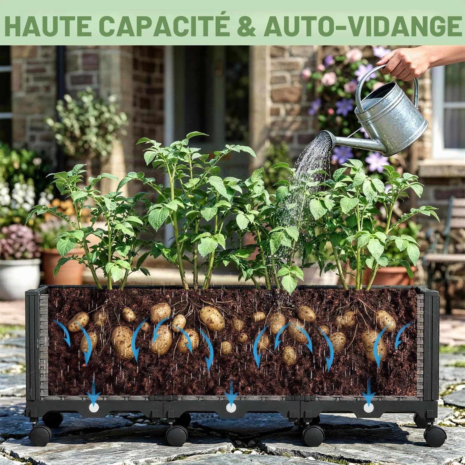 180x40x40CM Jardinière surélevée avec treillis et roues pour plantes grimpantes, bac de plantation avec protection visuelle pour tomates, concombres, rosiers grimpants, etc. (Simple)