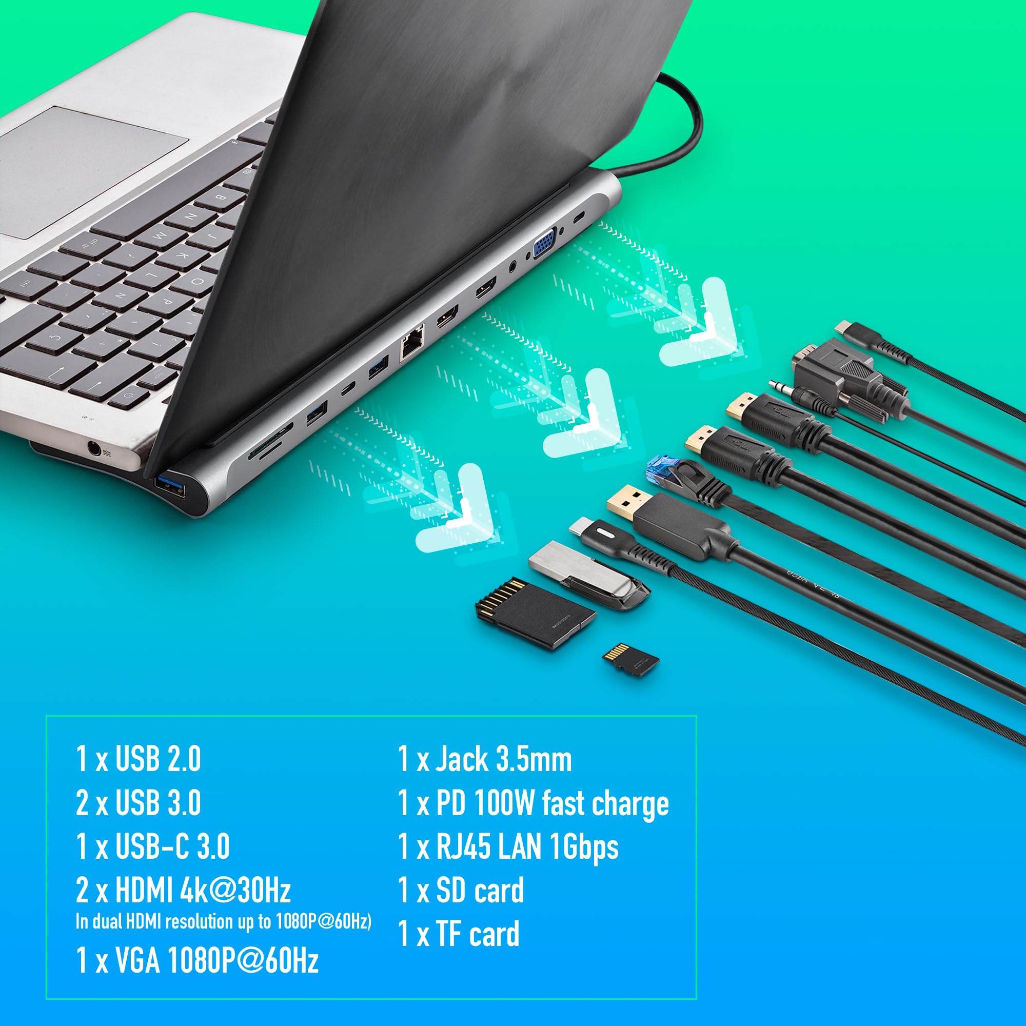 NGS Wonder Dock 12 Hub USB 3.0 typu C, wieloportowy 12 w 1, szybkie ładowanie, HDMI, VGA, RJ45, SD/TF, szeroka kompatybilność (laptopy, MacBook, telefony komórkowe), kompaktowy, 273 x 80 x 17 mm
