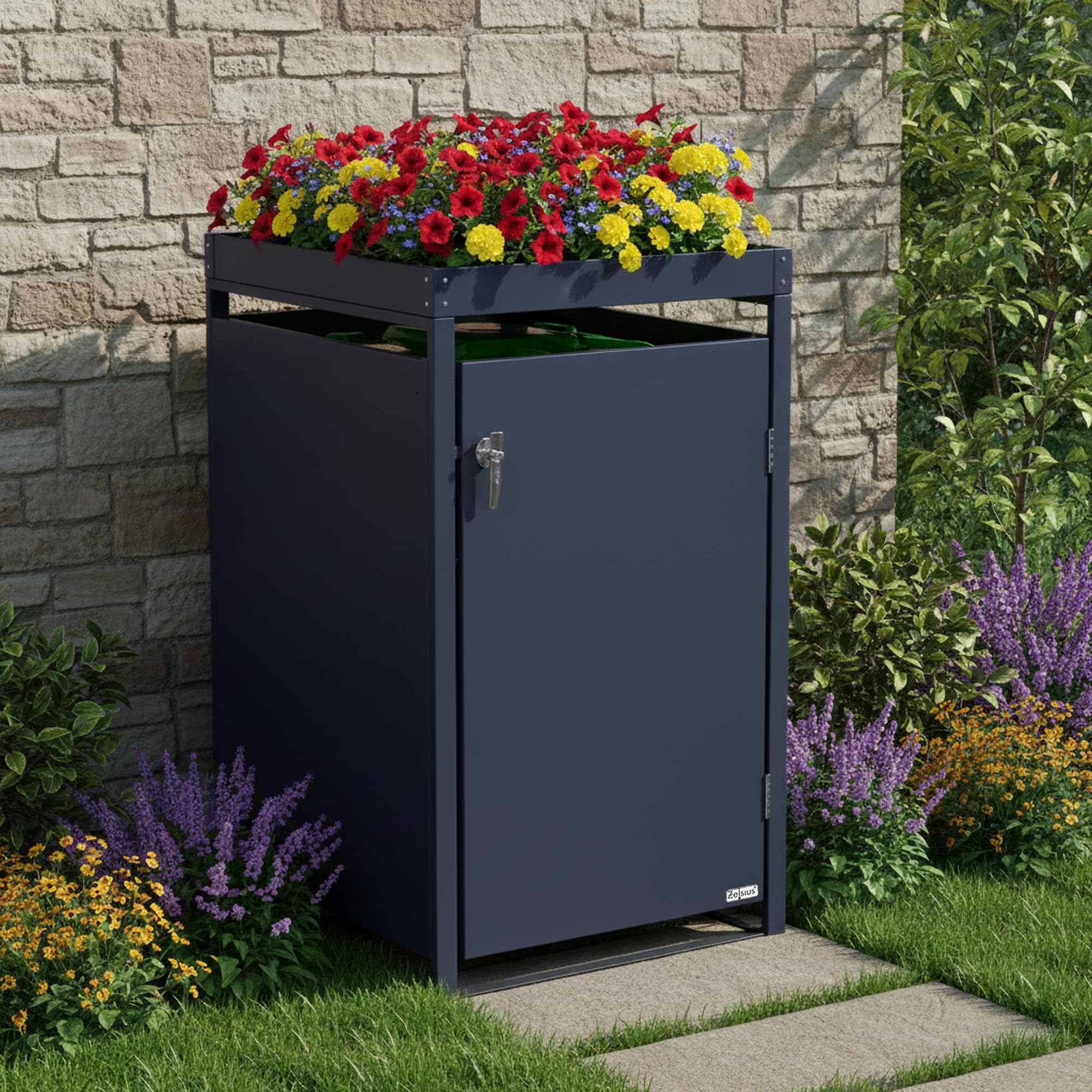 Zelsius Mülltonnenbox 1er mit Pflanzdach für 1 Mülltonne | (B) 68 x (T) 80 x (H) 124 cm | Anthrazit RAL 7016, mit Erweiterungsmöglichkeit | Mülltonnenverkleidung für 1 | Sichtschutz für Tonnen