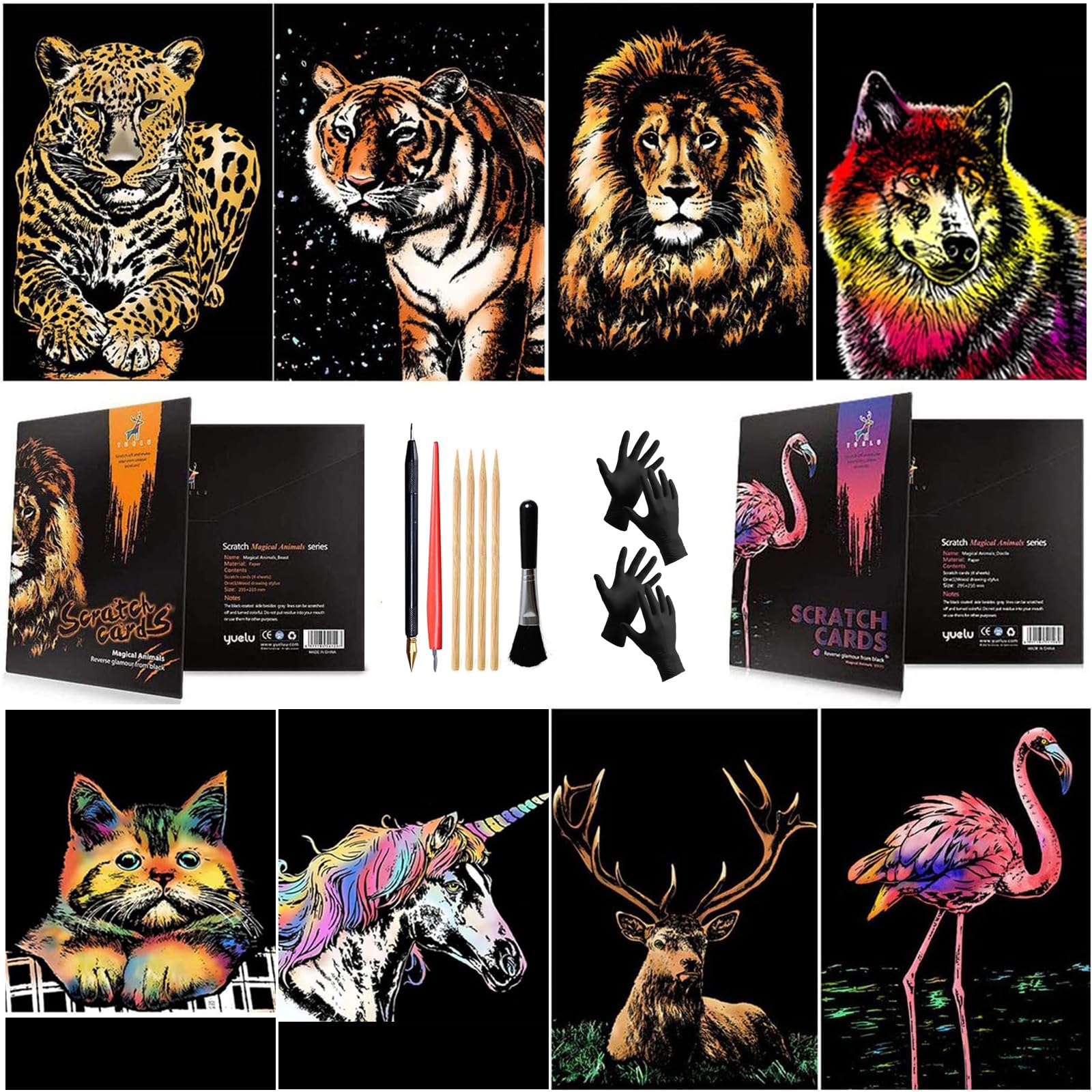 Annickee8PCS Scratch Art Paper A4, Animals Rainbow Painting Sketch, Animals Art Paper Rainbow Painting, Colorful and Realistic, Scratch Art for Adults, with Drawing Pens, Cleaning Brus and Glove
