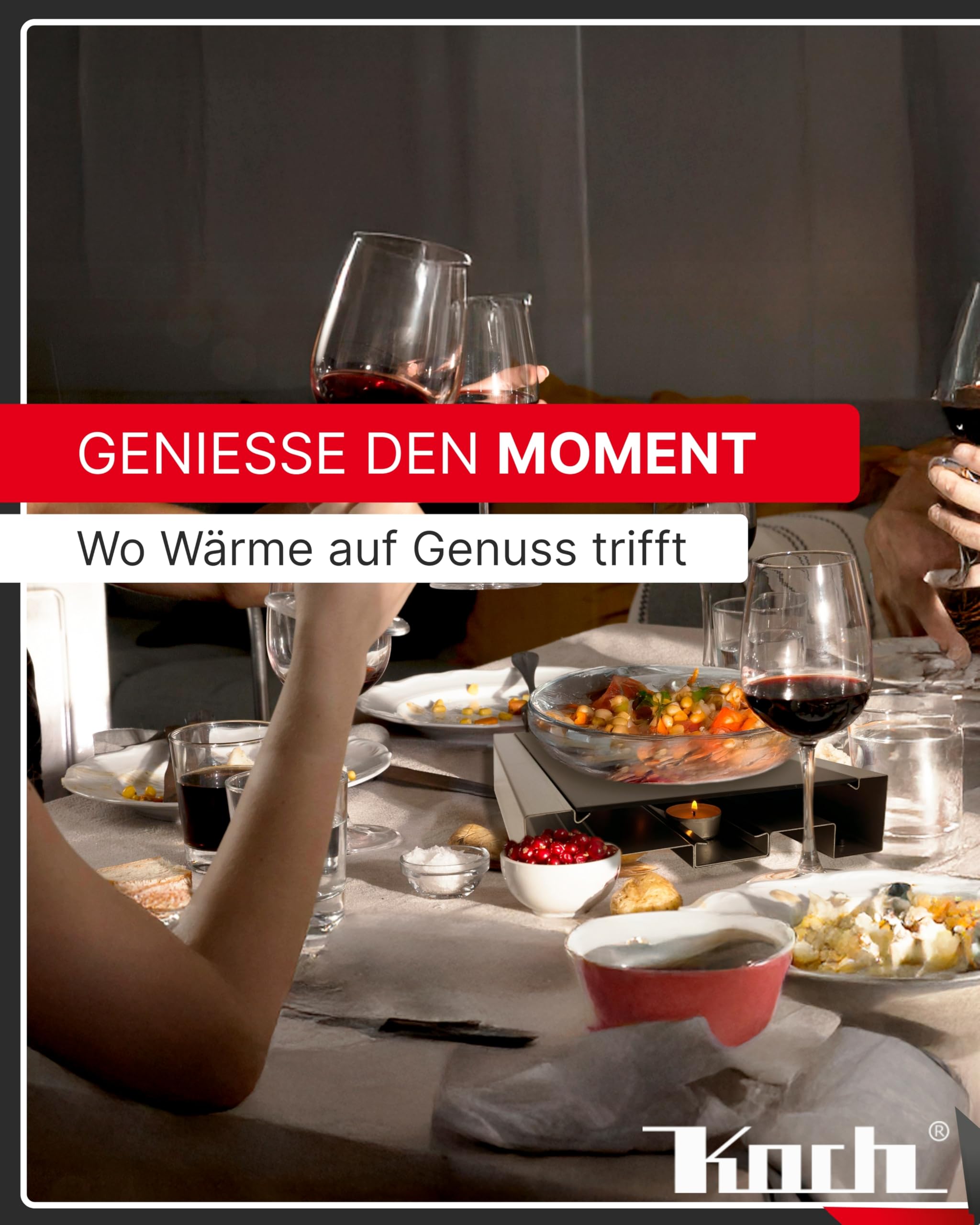 KOCH #00 Edelstahl Rechaud mit Auszug und 3 Teelichtern - Hochwertige Warmhalteplatte/Speisenwärmer/Tellerwärmer/Stövchen