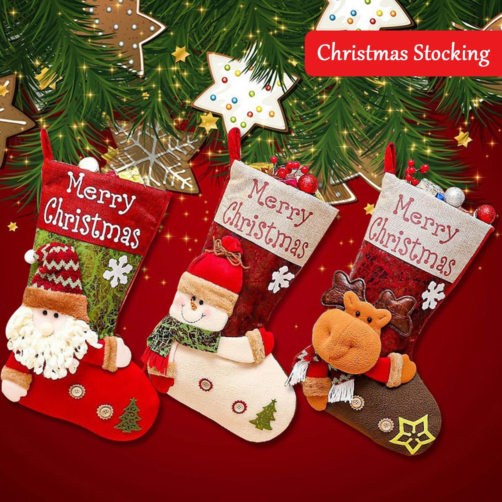 Weihnachtsstrumpf, Weihnachtsbaum Geschenktüte Bonbontasche, Nikolausstiefel Zum Befüllen, Nikolausstiefel Socken, Nikolaussocke Weihnachtsdekoration für Kamin, Weihnachtsbaum, Treppe(3PCS)