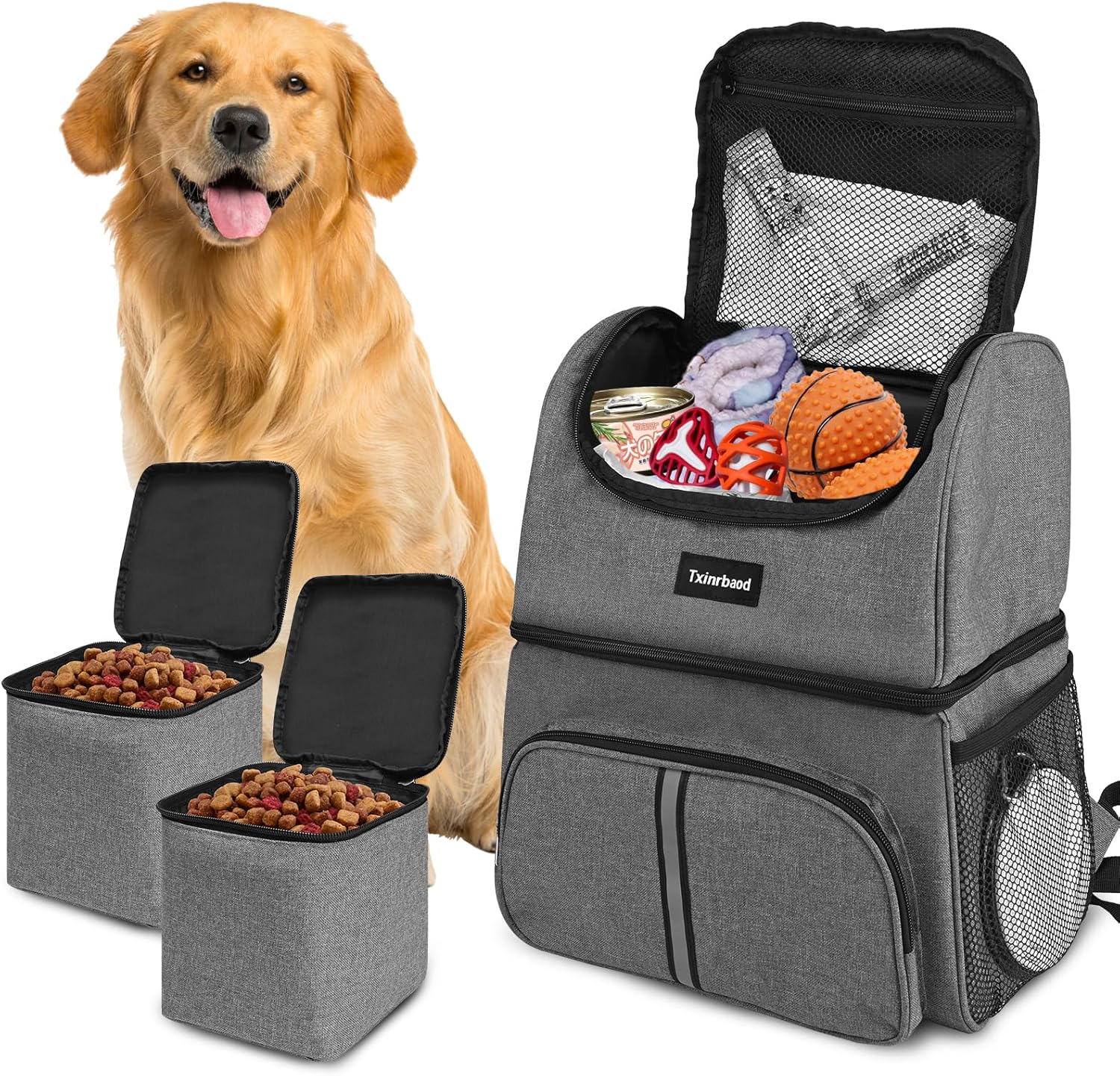 Dog Bags for Traveling Pet Diaper Bag Airline Approved Dog Food Travel Bag with 2 Food Storage Containers Bag Pet Camping Essentials Hiking Accessories Gift Gray