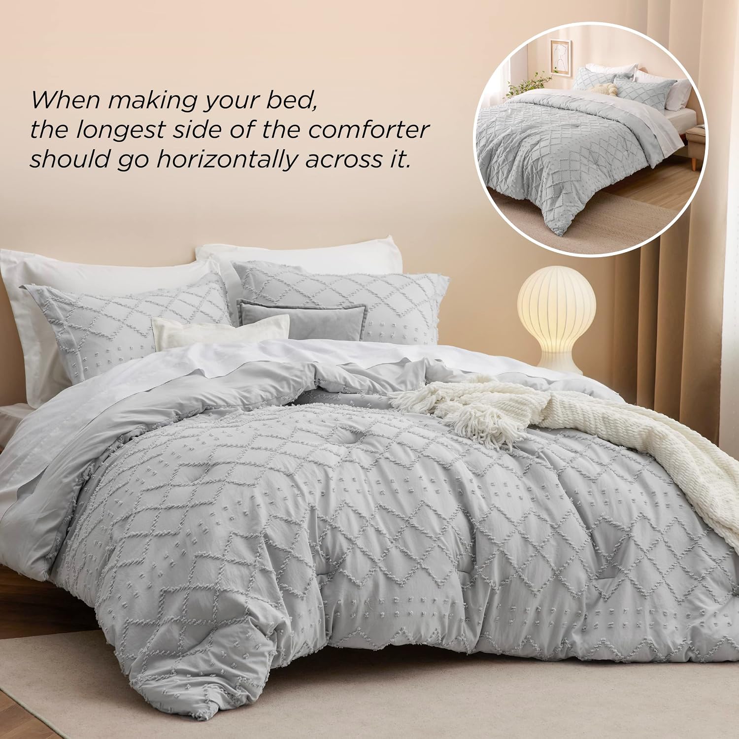 Bedsure Boho Comforter Set King - Grey Tufted Shabby Chic Bedding Comforter Set for All Seasons, 3 Pieces Western Comforter Set, Farmhouse Modern Bed Set for Women Men Girls