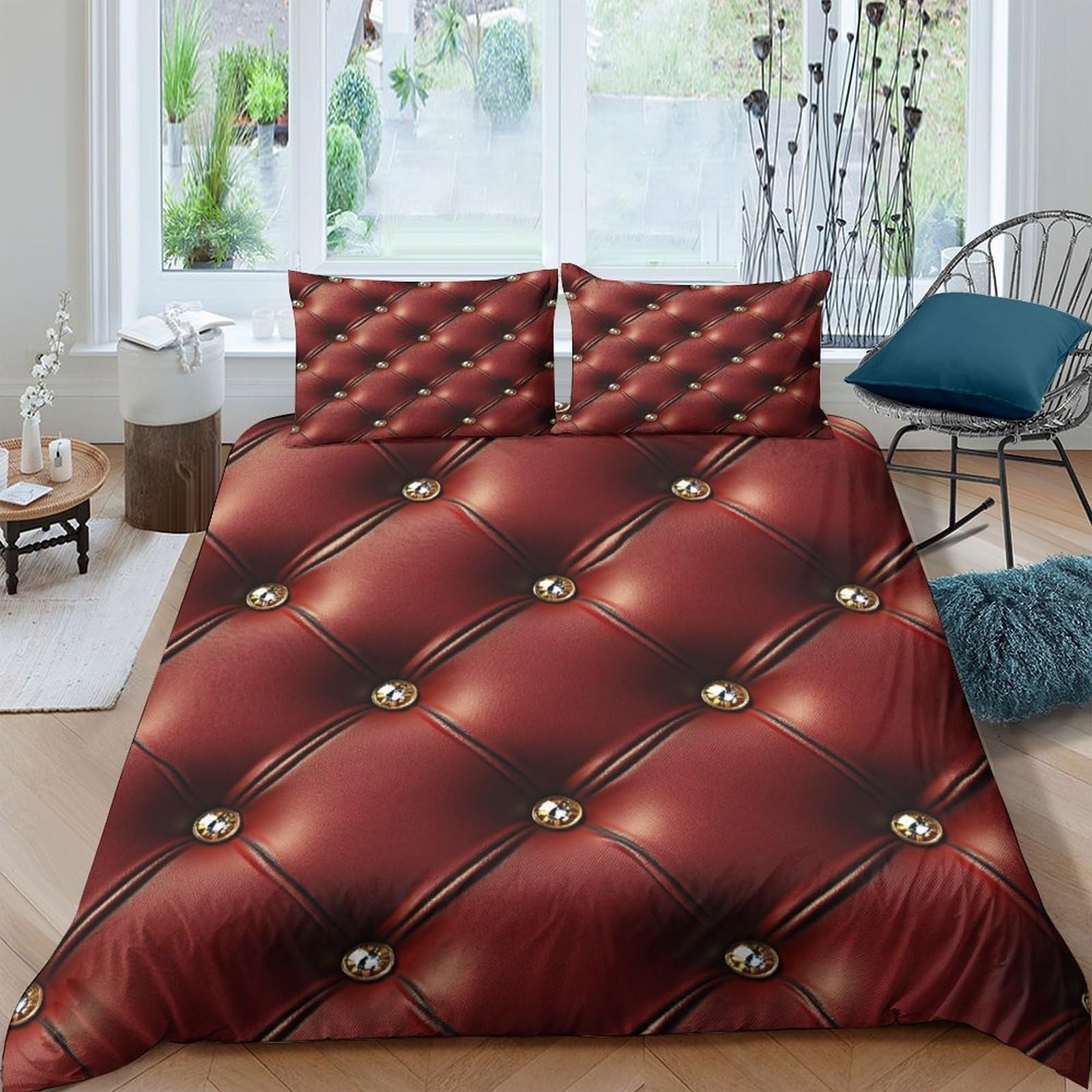 Ctjqhvkz Style-5 3D Printed Burgundy Tufted Leather Fitted Sheet Microfiber Soft Anti-Slip Diamond Bed Cover For Bedroom Guest Room Decor Single（135X200cm）