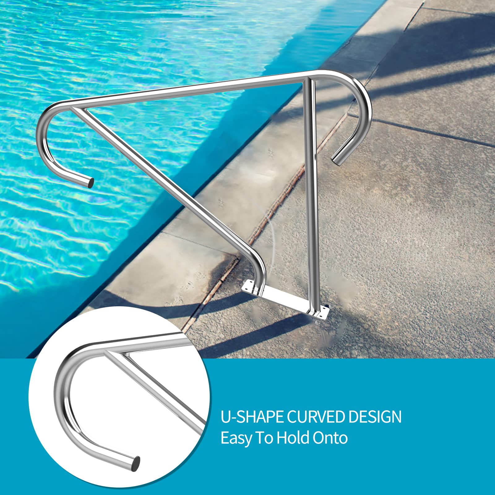 48x32 In-ground Swimming Pool Safety Handrails, 304 Stainless Steel Pool Railing with Base Plate Screws and Safety Grip Covers (48x32)