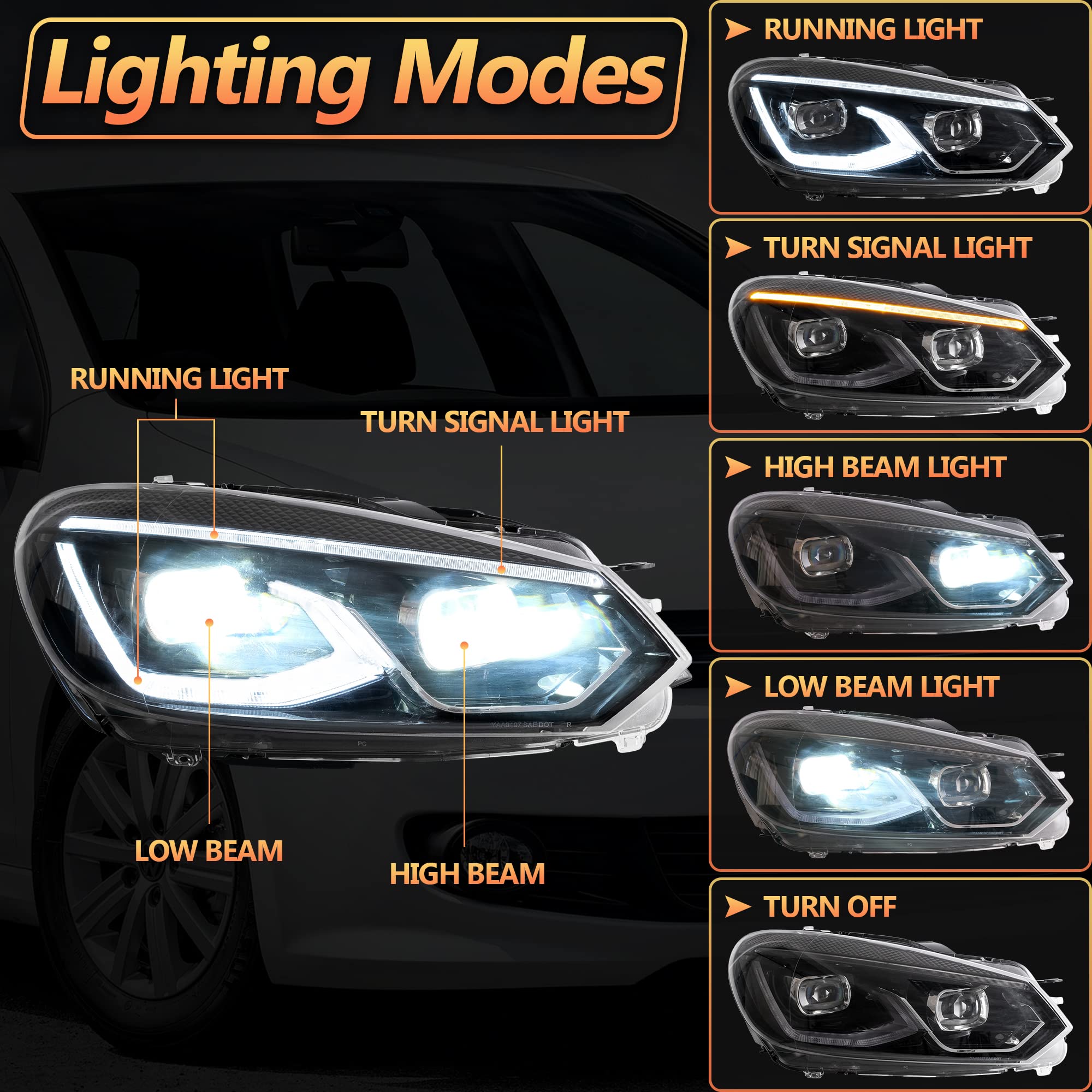 VLAND Phare LED pour Golf 6 Golf VI TSI 2008-2013 [Uniquement pour halogène], avec animation dynamique, ampoules non incluses