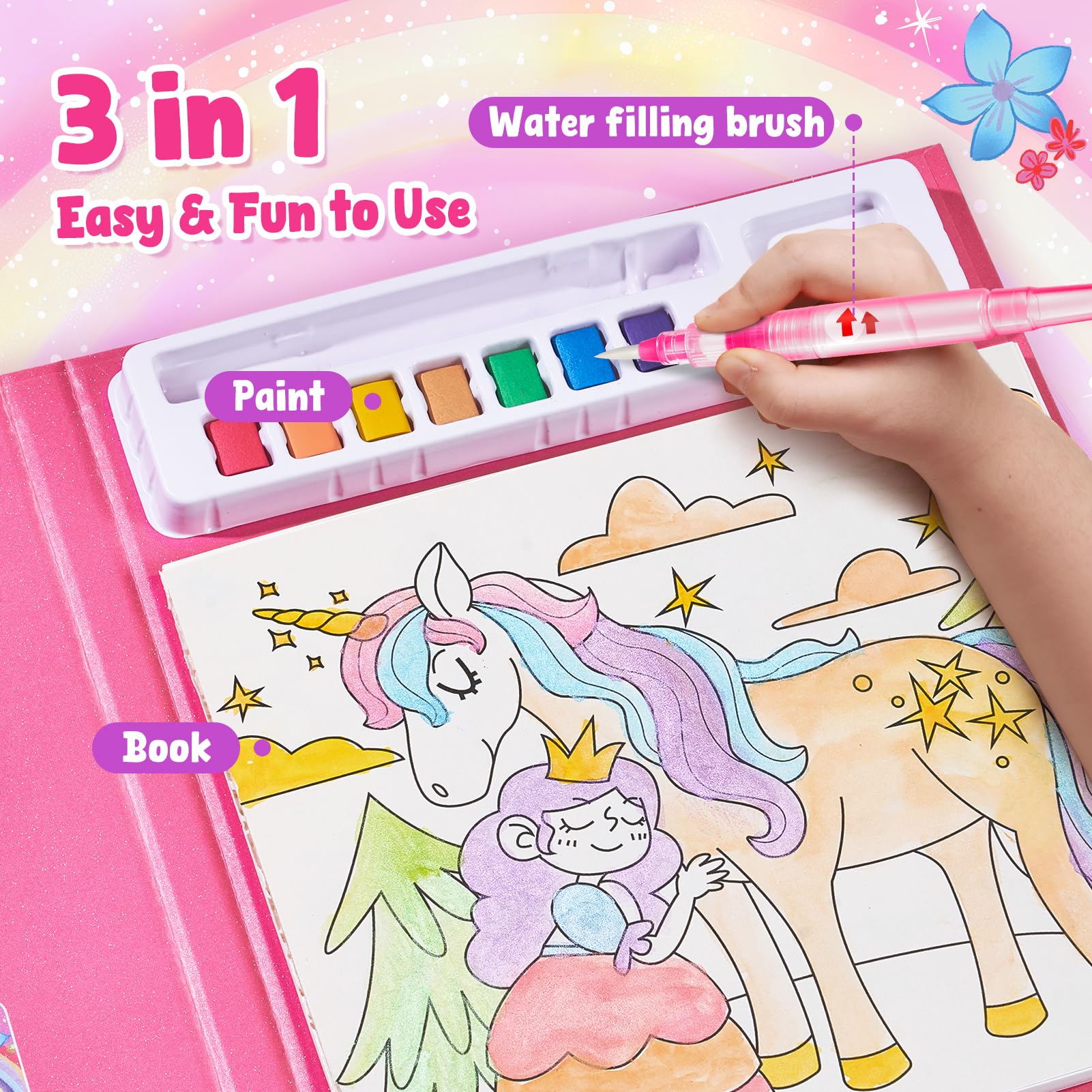 JoyCat Libro para colorear con acuarelas para niños pequeños a partir de 3-8 años, juego de acuarela para arte y manualidades, juguete educativo como regalo de cumpleaños para niños y niñas