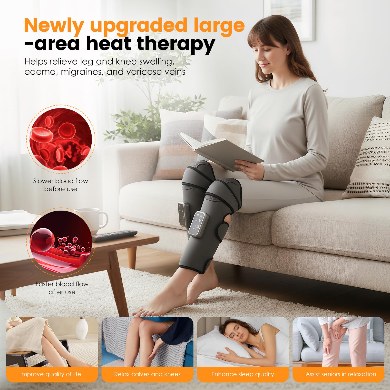 Beinmassagegerät mit Wärme, 2-in-1 Knie und Waden Massager mit Luftkompression, 3 Modi 3 Intensitäten, Kabellos für Zuhause Büro Reise