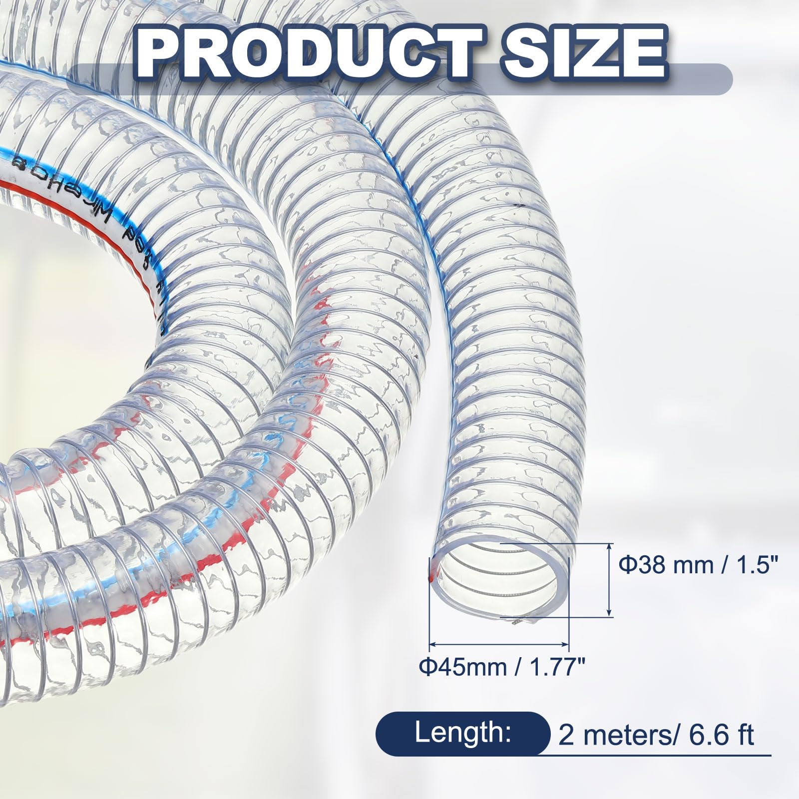 PATIKIL 1-1/2" / 38mm ID Tuyau Renforcé Avec Fil Métallique 2 Mètres, Tuyau D'Aspiration PVC Vinyle Résistant À Haute Pression Et Aux Produits Chimiques Avec Spirale En Fil, Transparent